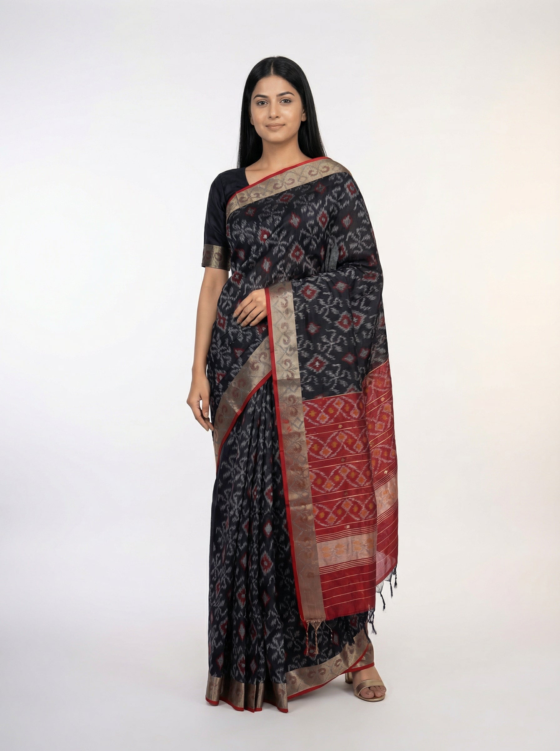 Semi Silk Black  Saree with Contrast Maroon Ikat Pallu & Plain Border Blouse