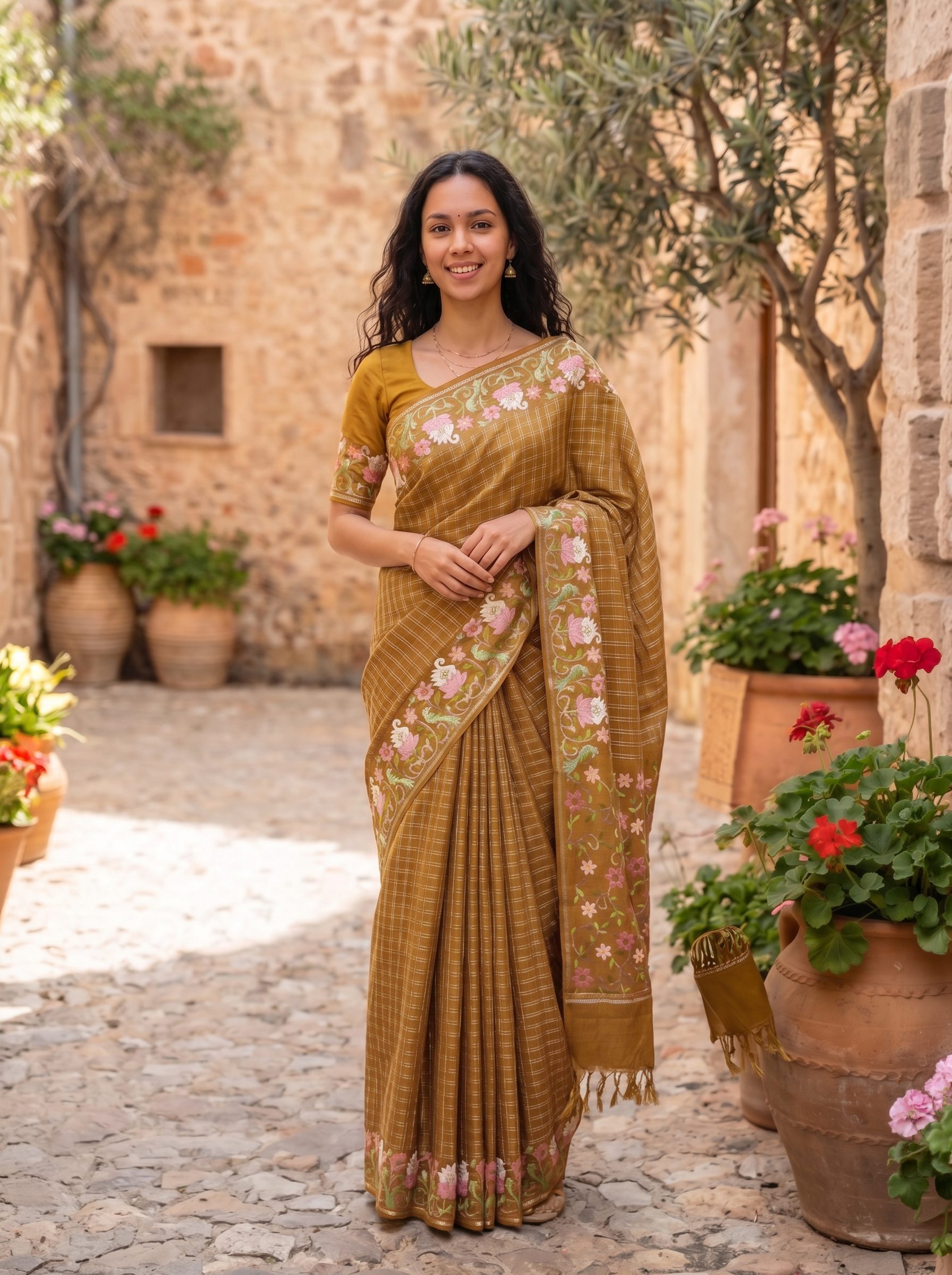 Woman in a traditional mustard yellow saree with floral patterns standing in an outdoor setting with potted plants.