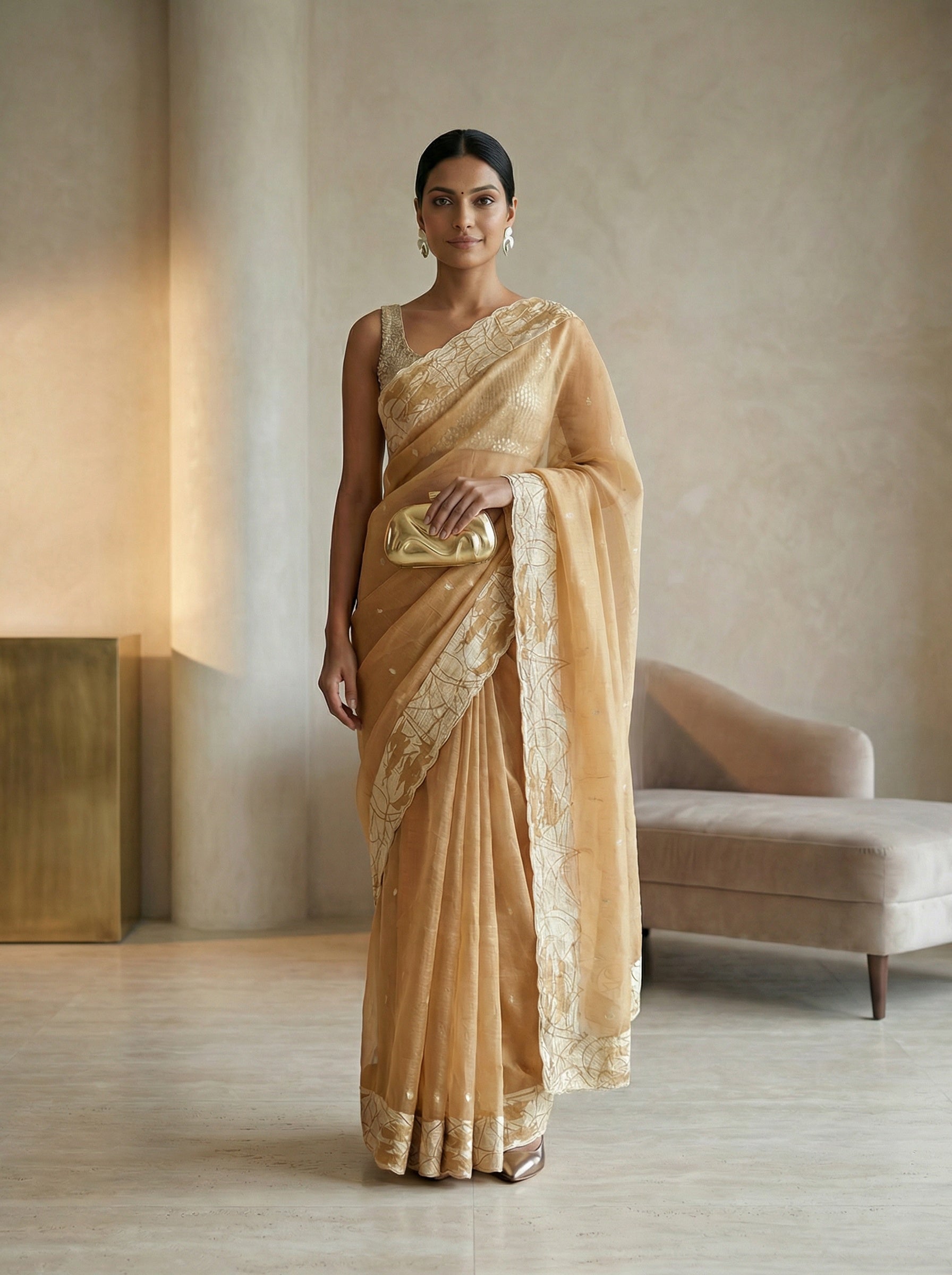 Organza Golden Beige Heritage Motif Designer Saree