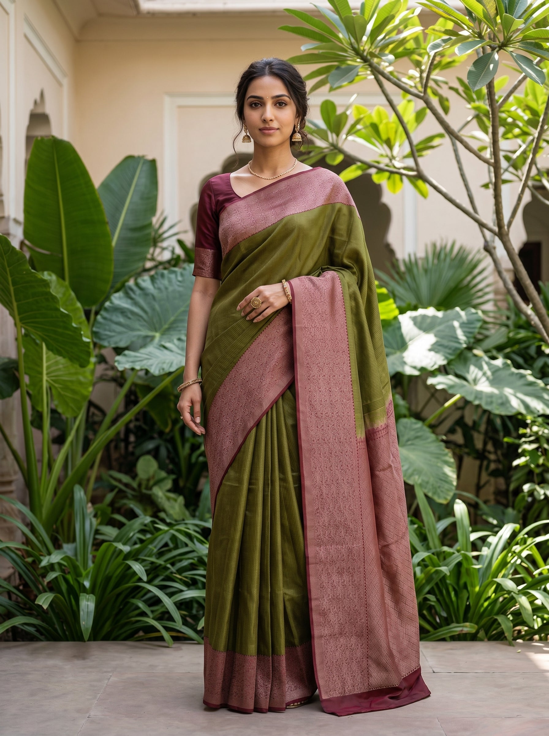 Kanjivaram Silk Olive Green Saree with Rose Gold Zari Border