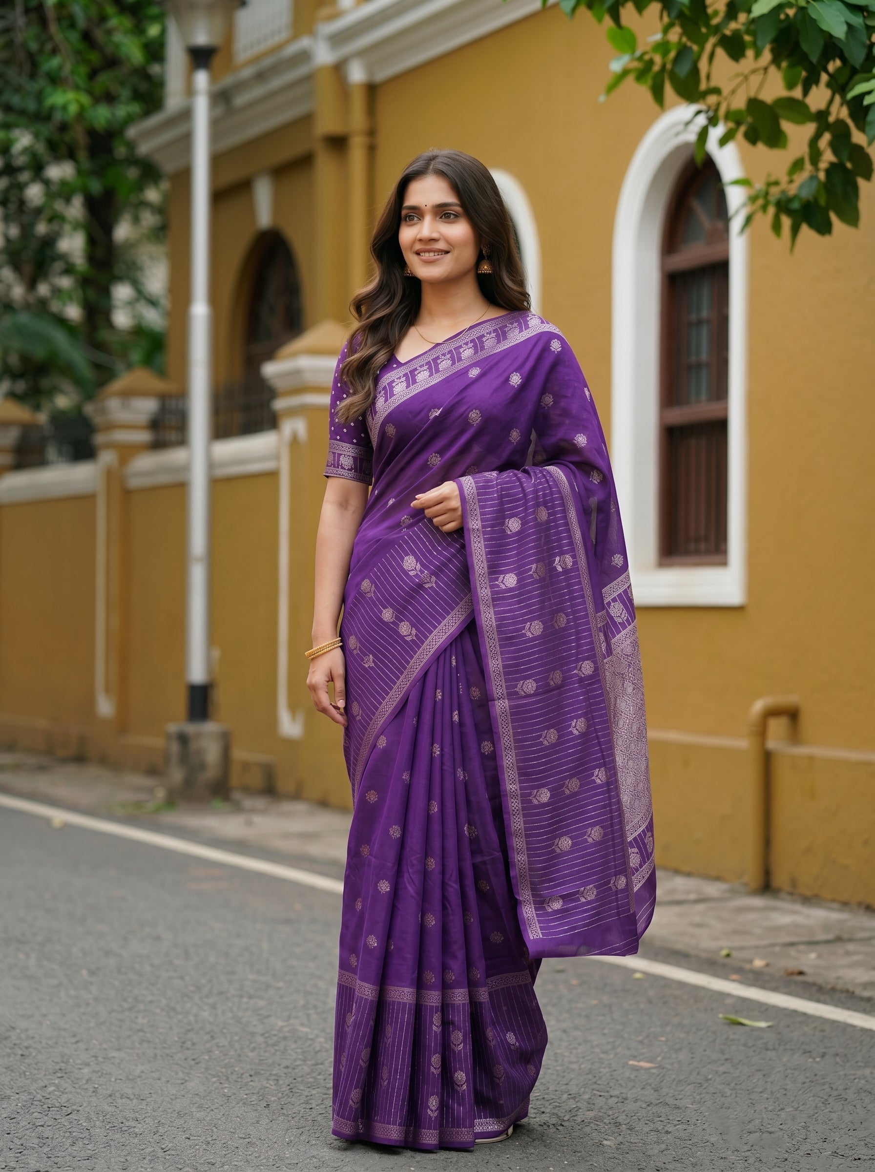 Semi Silk Violet Woven Butta Saree