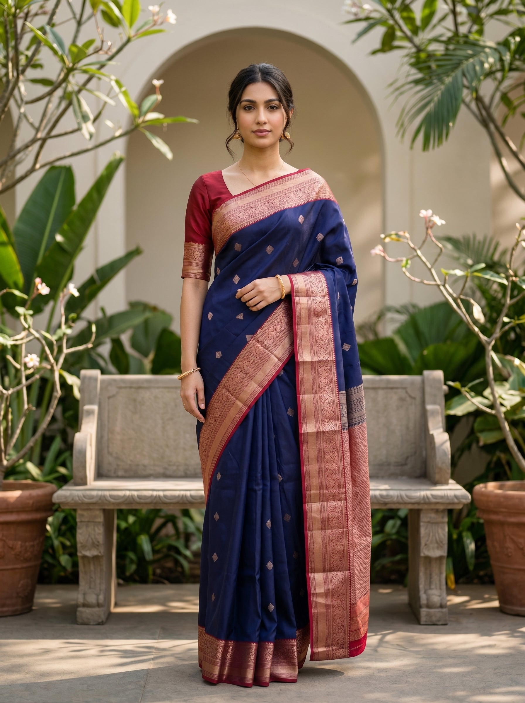Kanjivaram Pure Silk Navy Blue Traditional Saree with Gold Woven Pallu