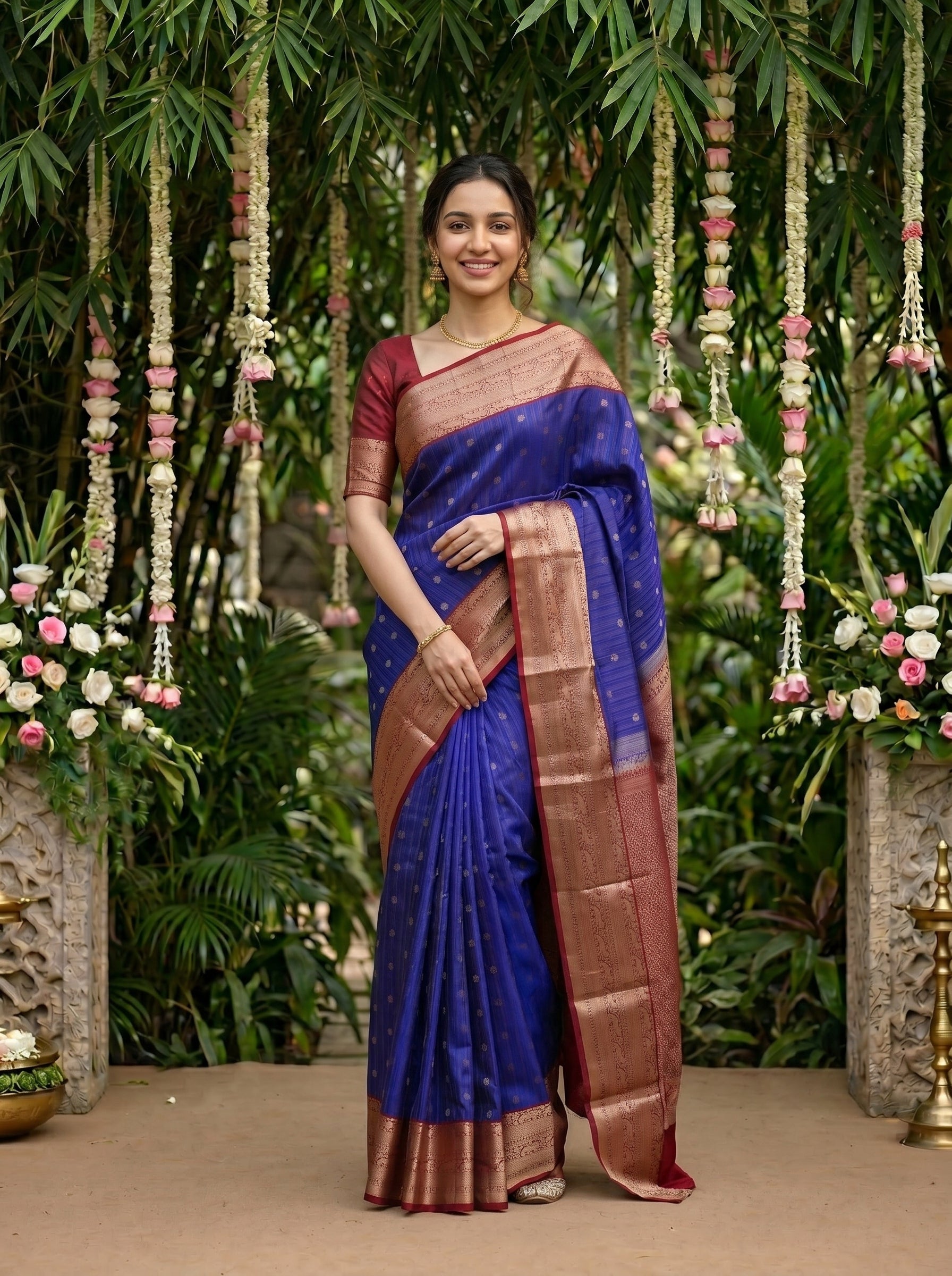 Kanjivaram Royal Blue Saree with Gold Zari Butta Pattern and Antique Gold Zari Border