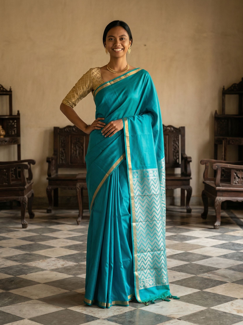 Woman wearing a turquoise saree with gold border in an indoor setting