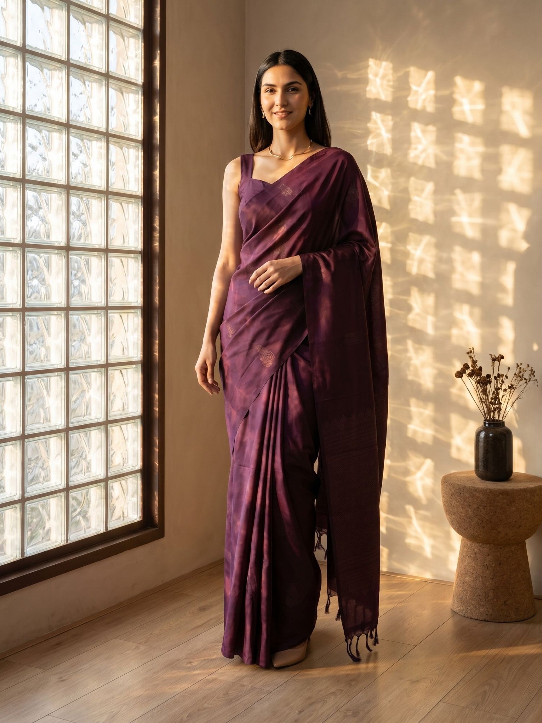 Woman in a purple saree standing in a room with a window and decorative vase.