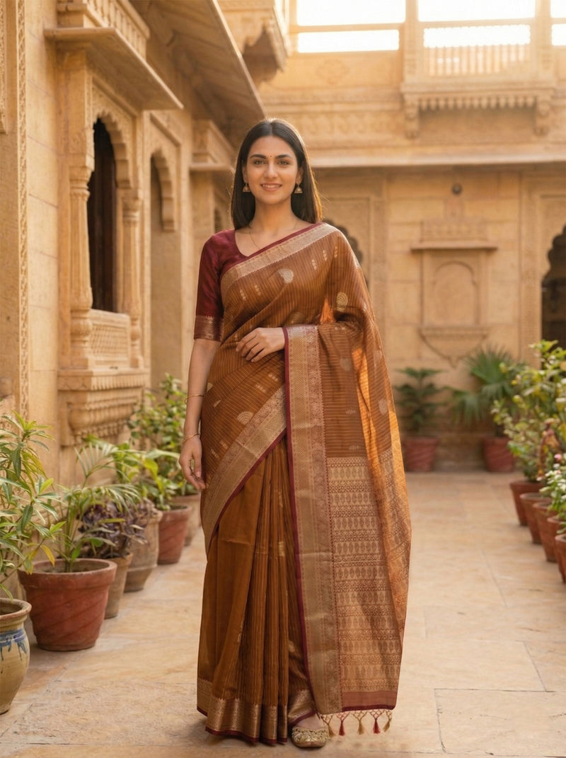 Woman in a brown saree standing in a courtyard with architectural elements and plants.