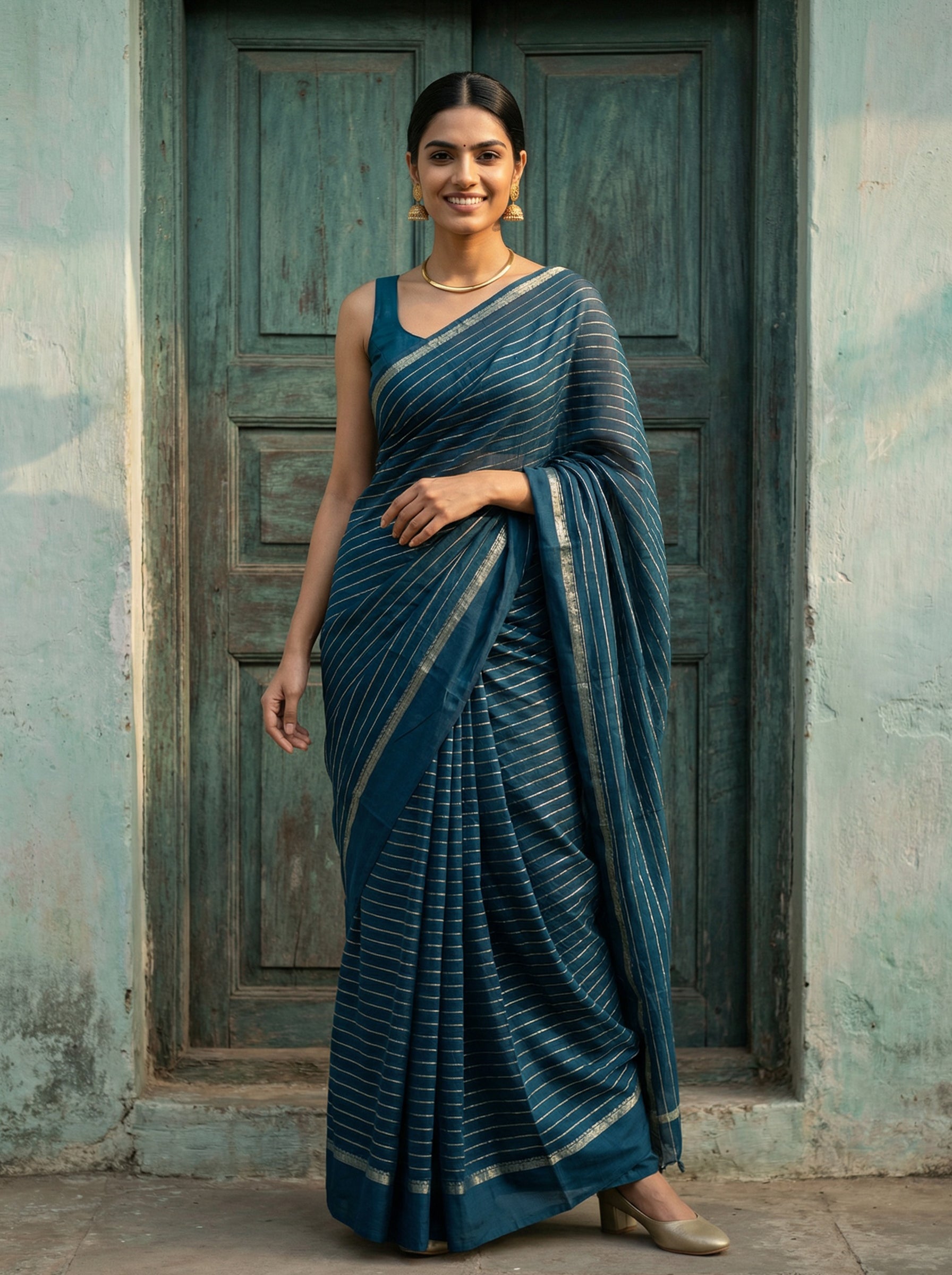 Synthetic Teal Green Saree with Classic Gold Stripes