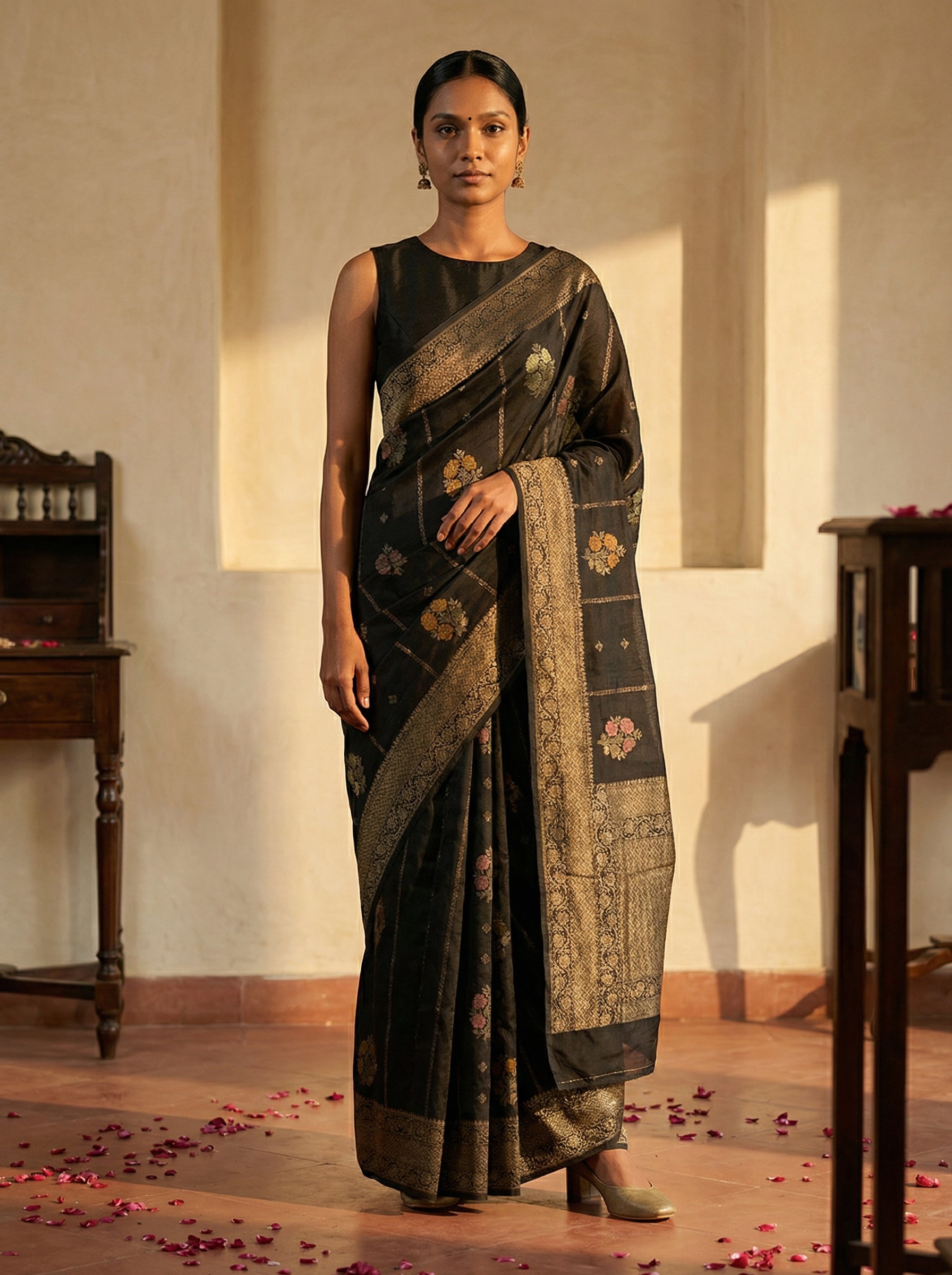 Jute Carbon Black Floral Emblem Saree