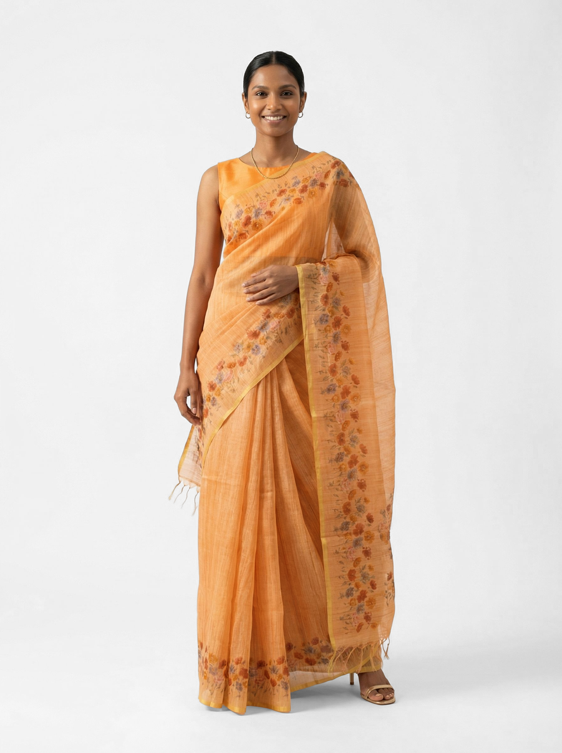 Chanderi Cotton Peach Botanical Print Saree