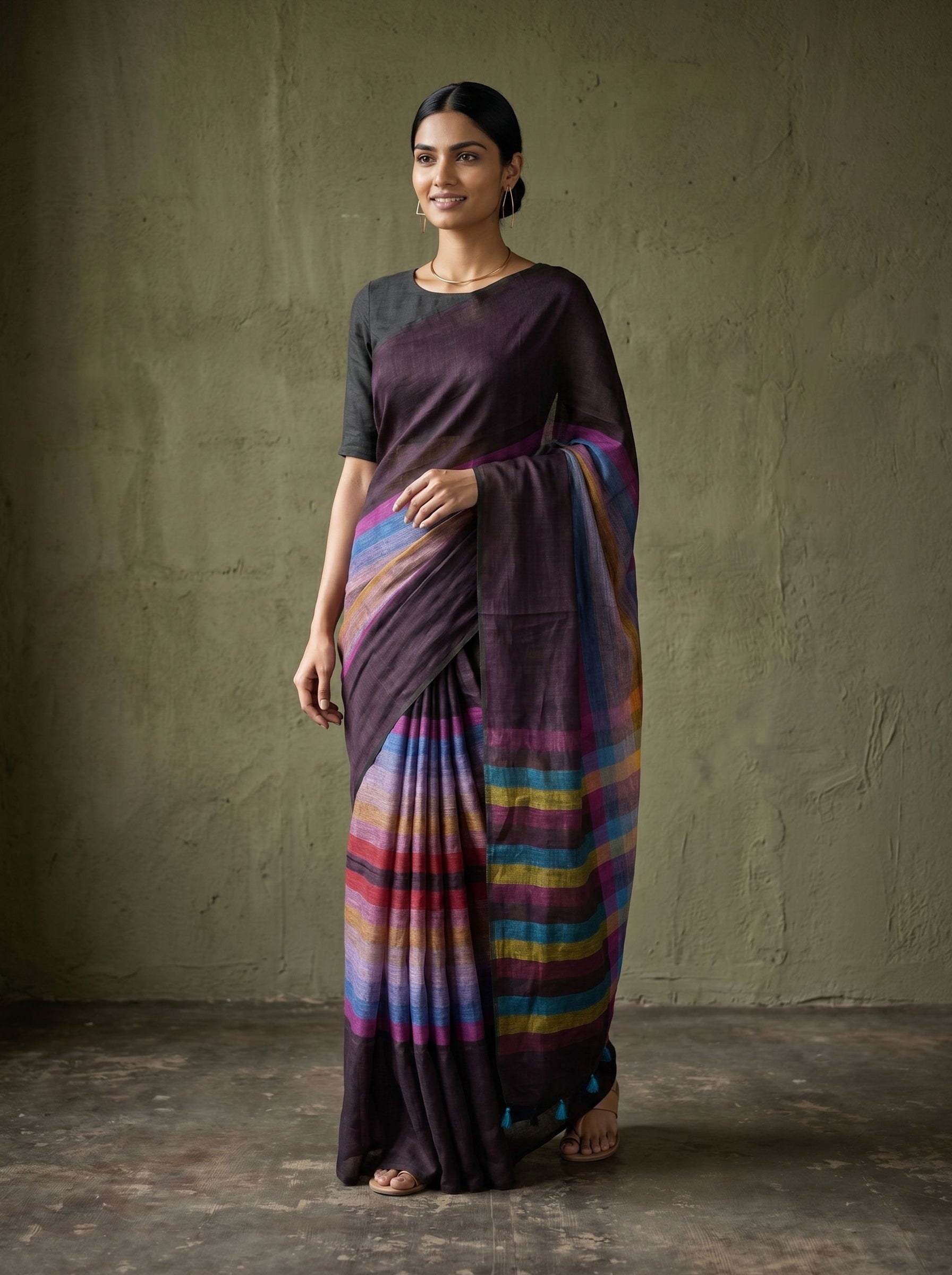 Semi Linen Dark Plum Multicolour Horizontal Stripe Pallu Saree with Blue Tassel Fringe