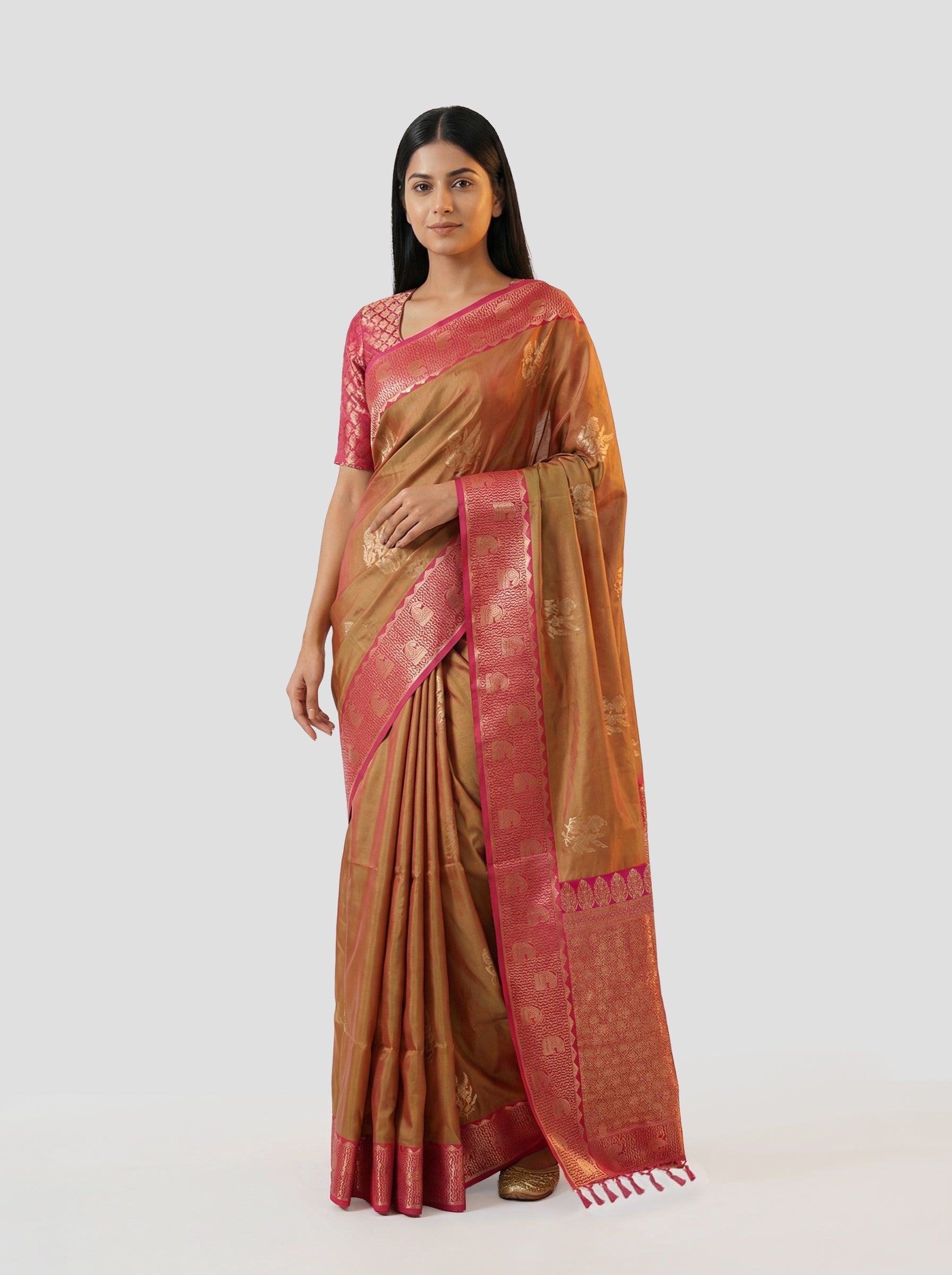 Semi Silk Double Shade Traditional Saree with Gapped Buttas