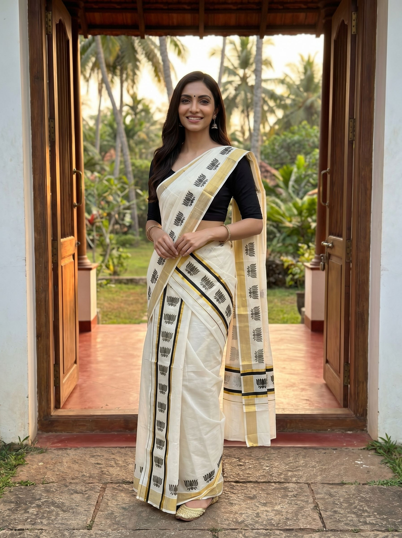 Woman in a white saree with black and yellow patterns standing in a doorway with a garden view.