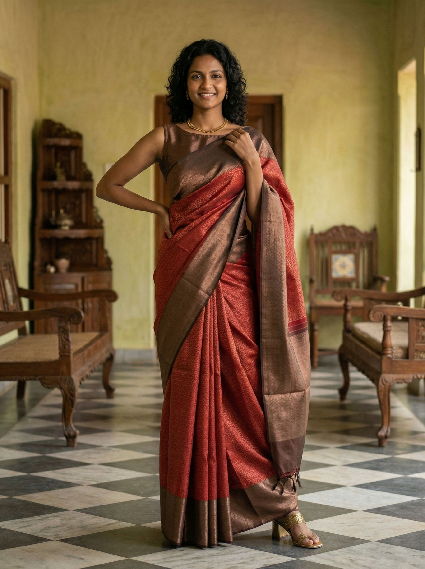 Kanjivarm Pure Silk Terracotta Red Self-Design Saree with Bronze