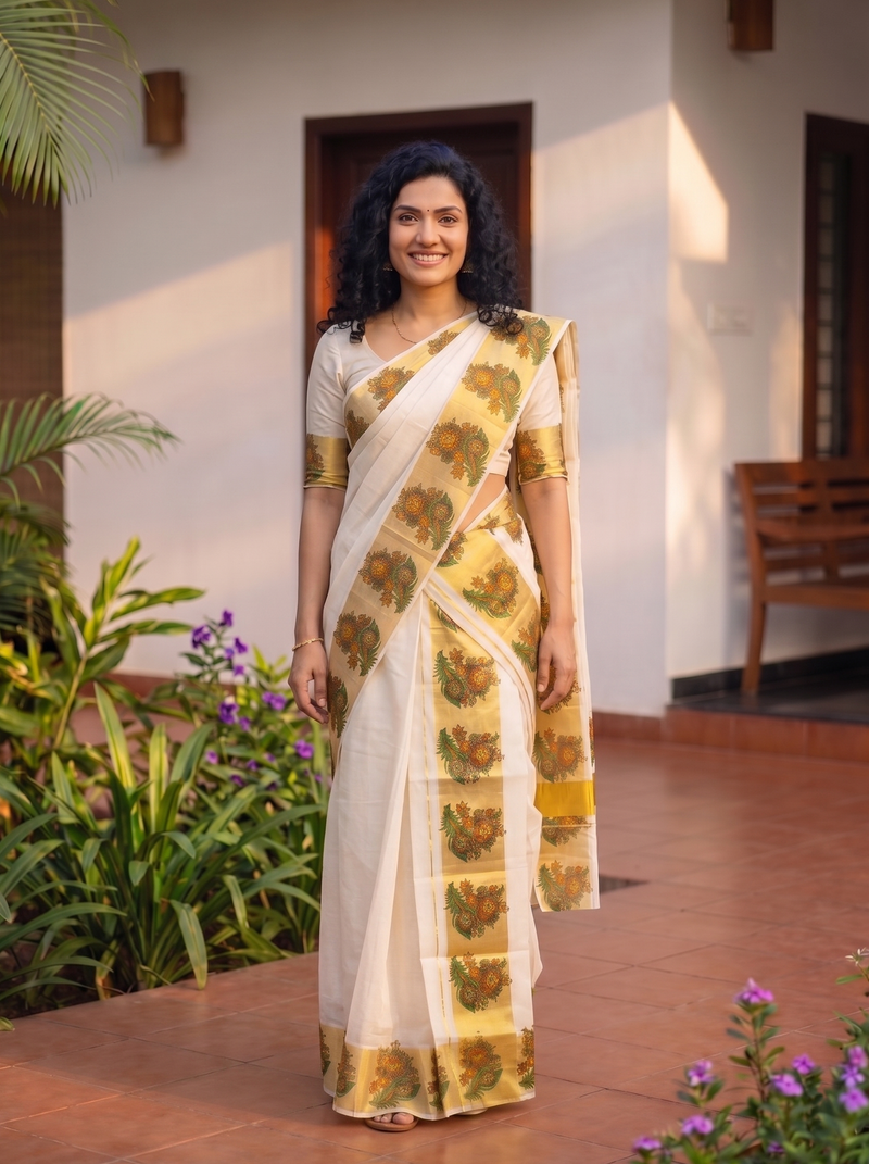 Woman in a white saree with gold and green patterns standing outdoors.