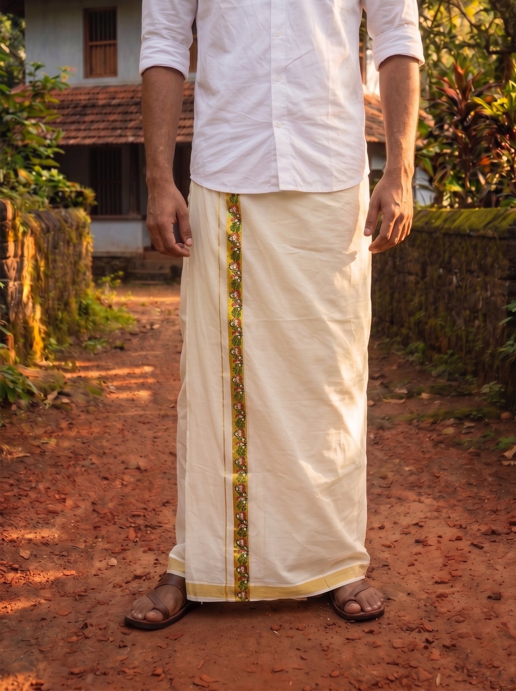 Men's Cotton Cream Golden Kasavu Dhoti With Floral Sticker Print
