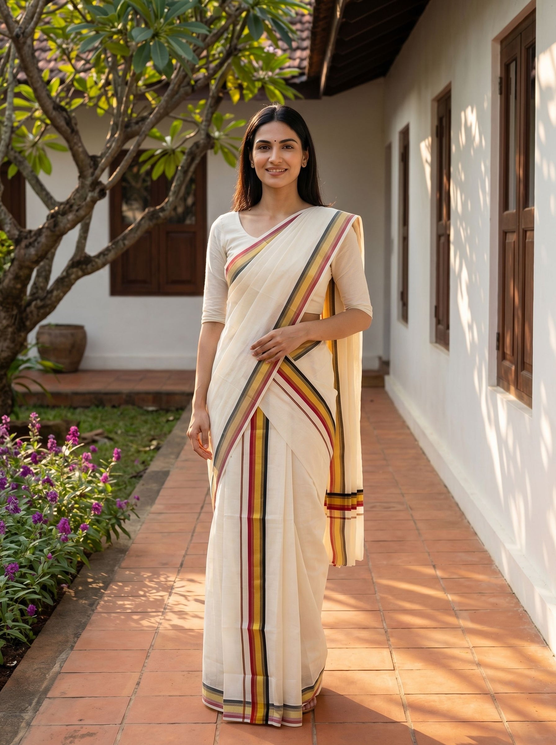 Woman in a traditional saree standing on a tiled path with a building and tree in the background