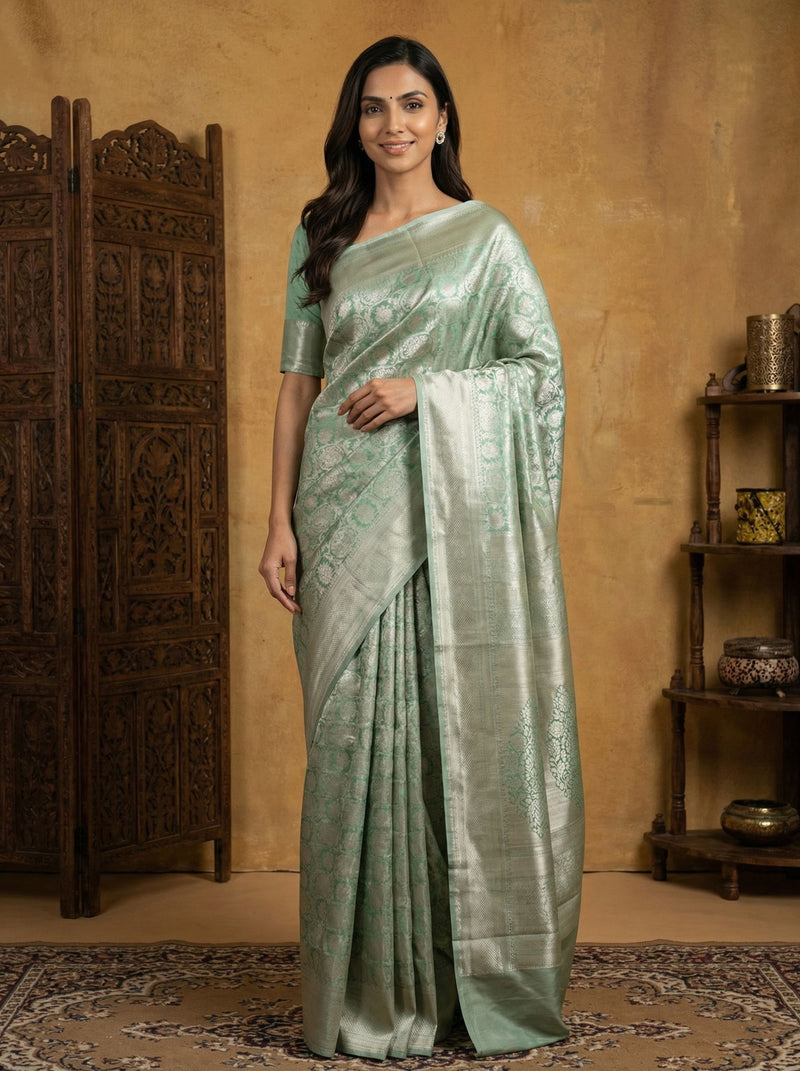 Woman wearing a light green saree with a traditional wooden screen and shelves in the background