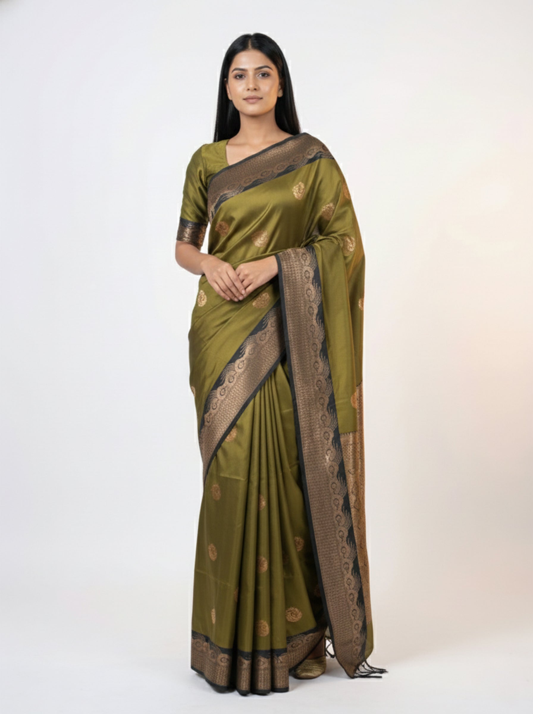 Semi Soft Silk Elegant Olive Green  Saree with Spread Butta Design