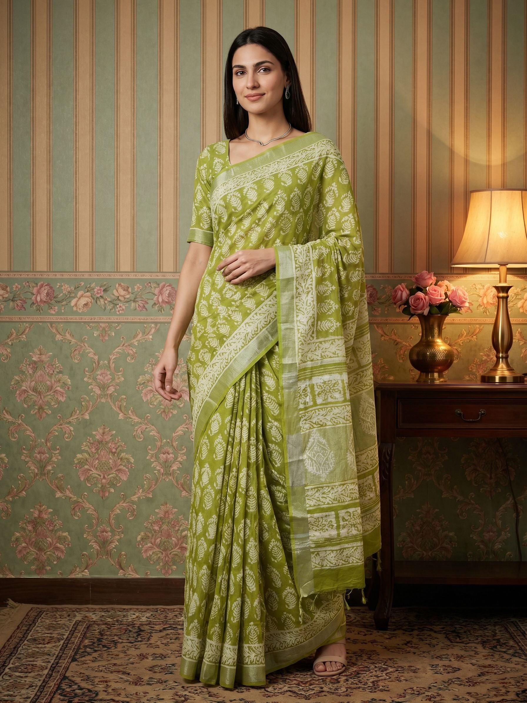 Woman in a green saree standing in a room with decorative walls and a lamp.