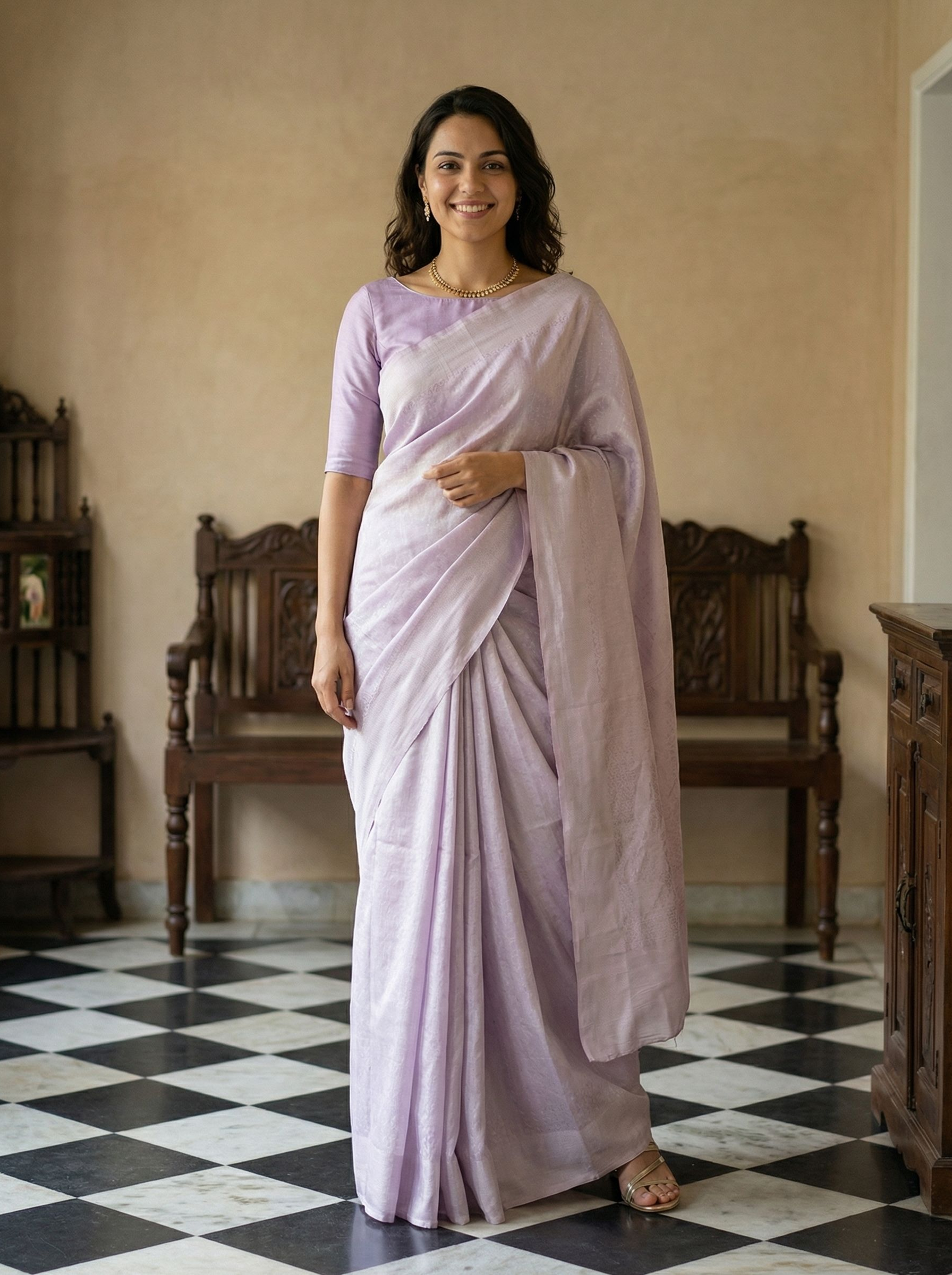 Woman in a light purple saree standing in a room with wooden furniture and a checkered floor.