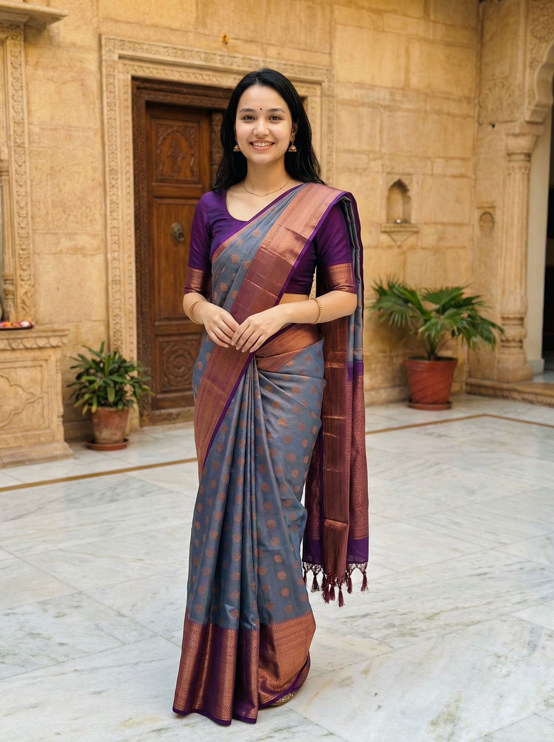 Woman in a traditional saree standing in front of a stone building with plants.