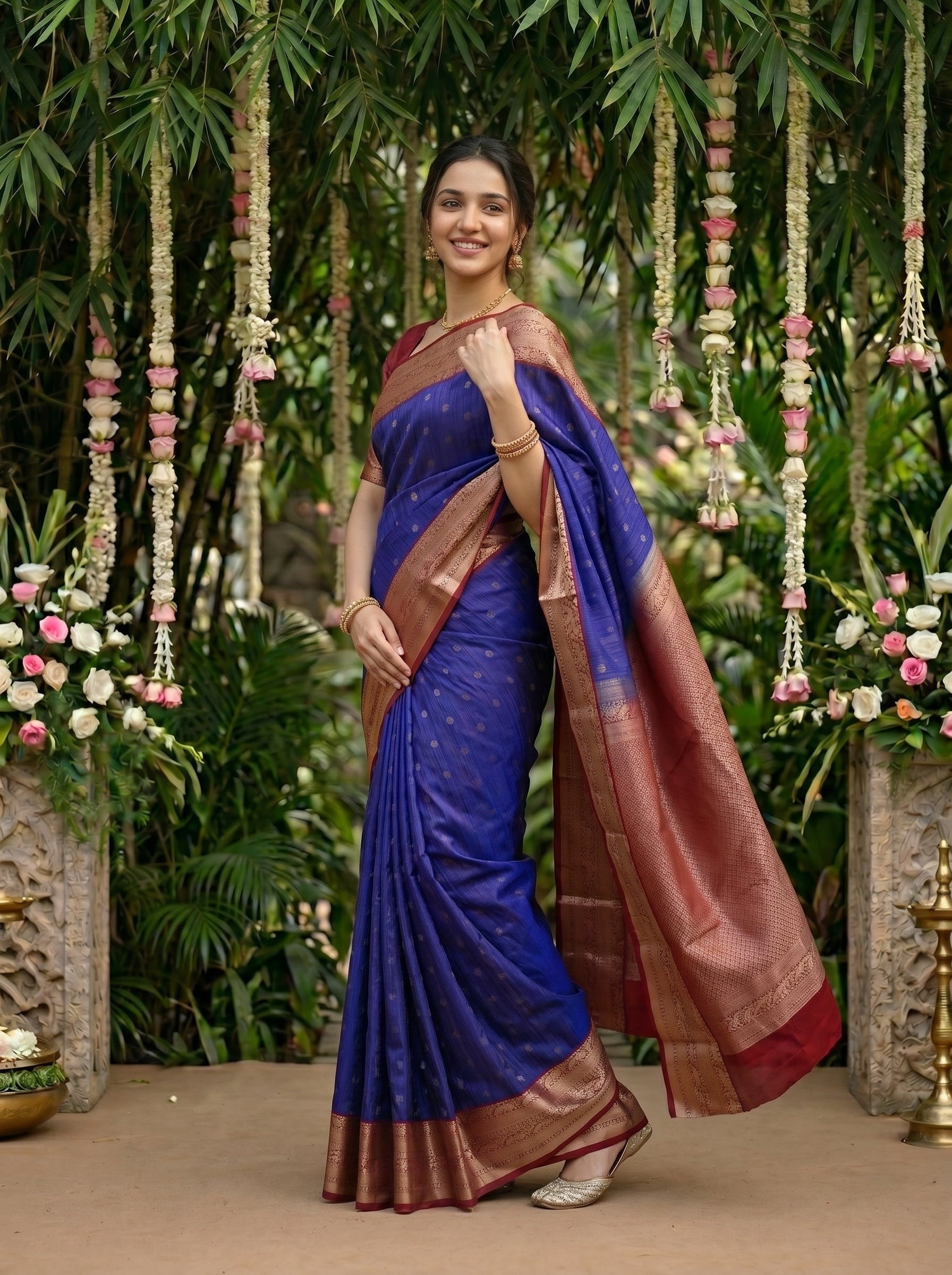 Buy Kanjivaram Royal Blue Saree with Gold Zari Butta Pattern and