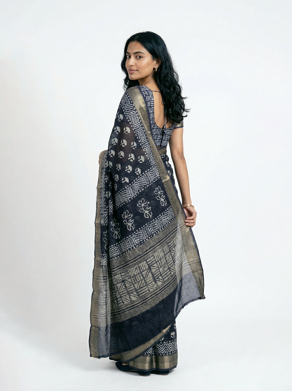 Chanderi Cotton Navy Blue Handblock Saree