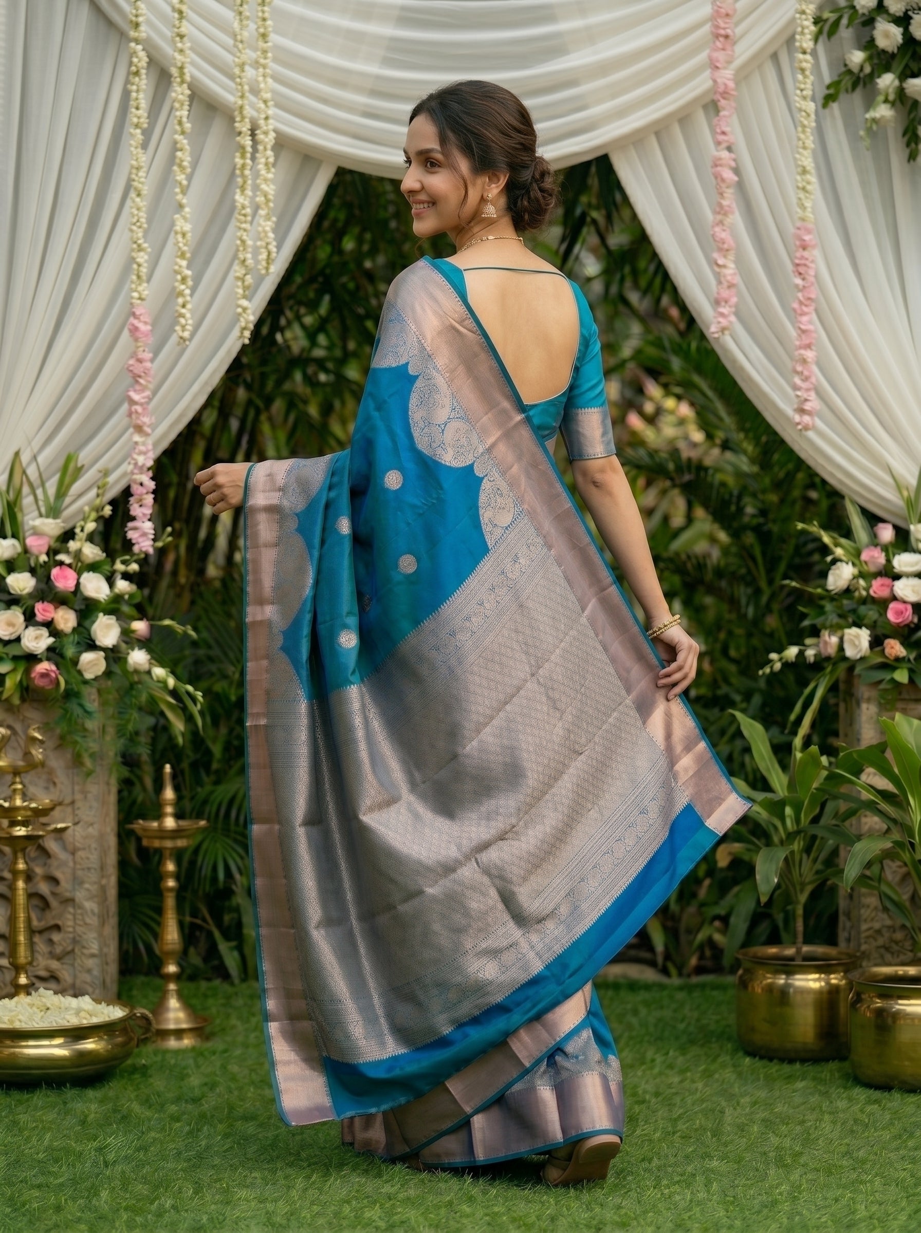Kanjivaram Saree in Peacock Blue with Silver Zari Border & Traditional Buttas
