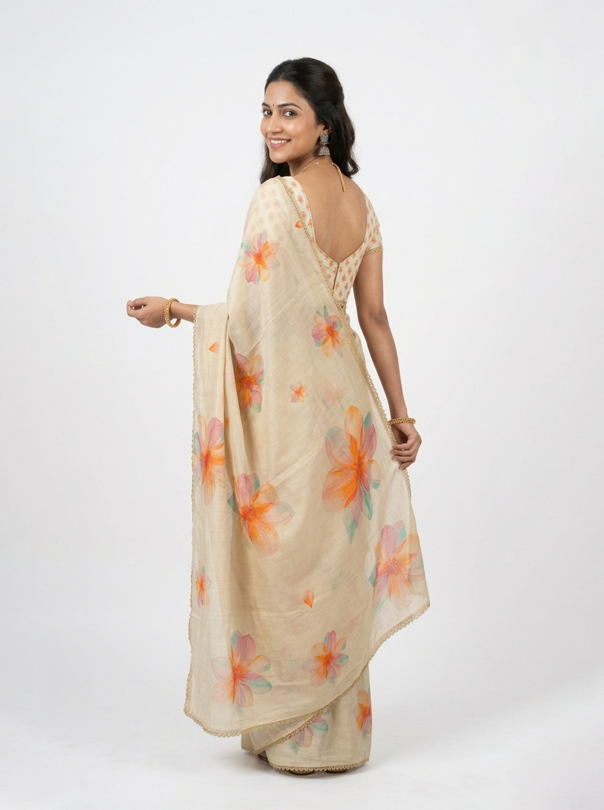 Tissue Beige Floral Print Border Saree