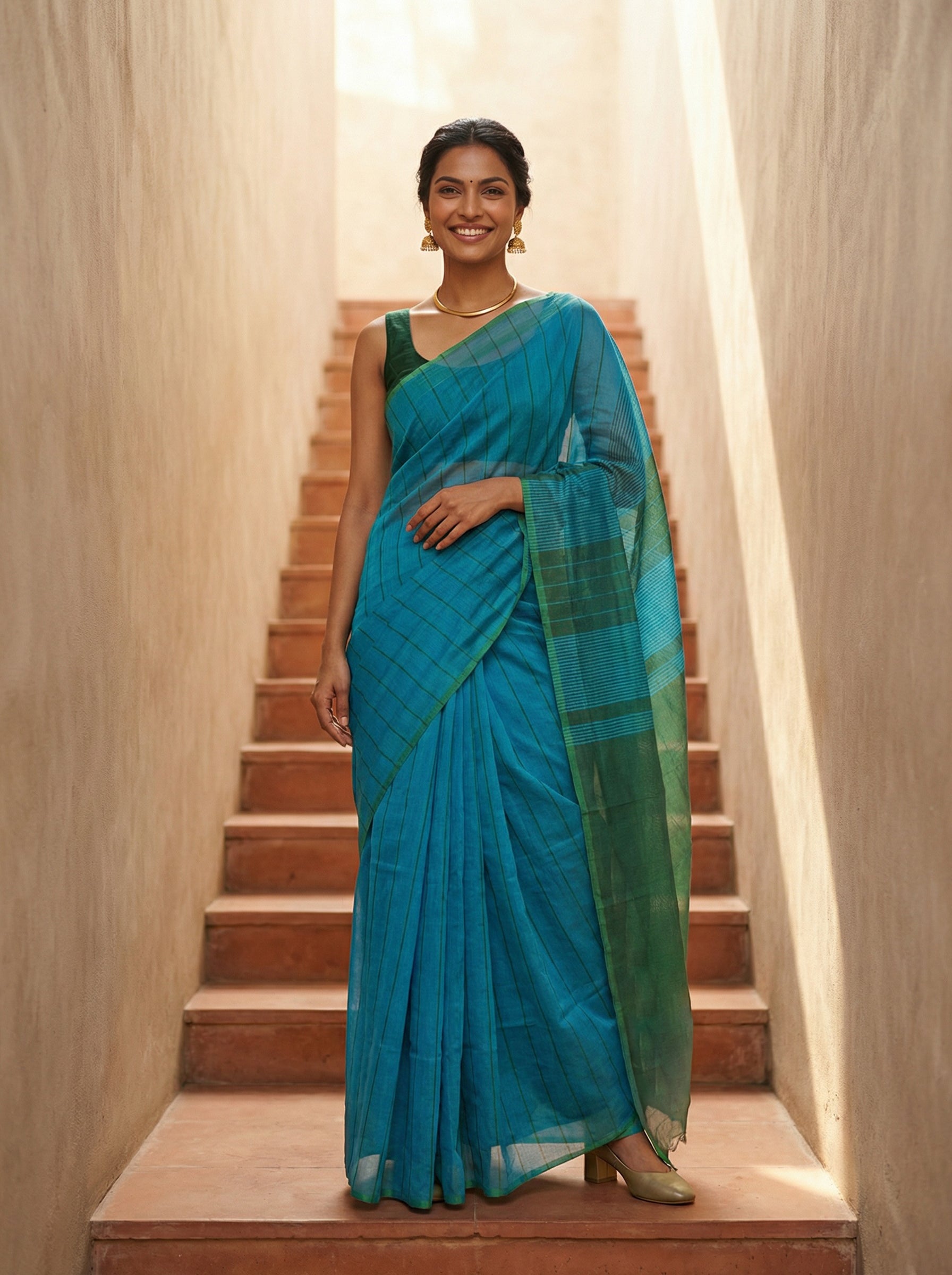 Synthetic Blue Striped Saree with Contrast Green Pallu
