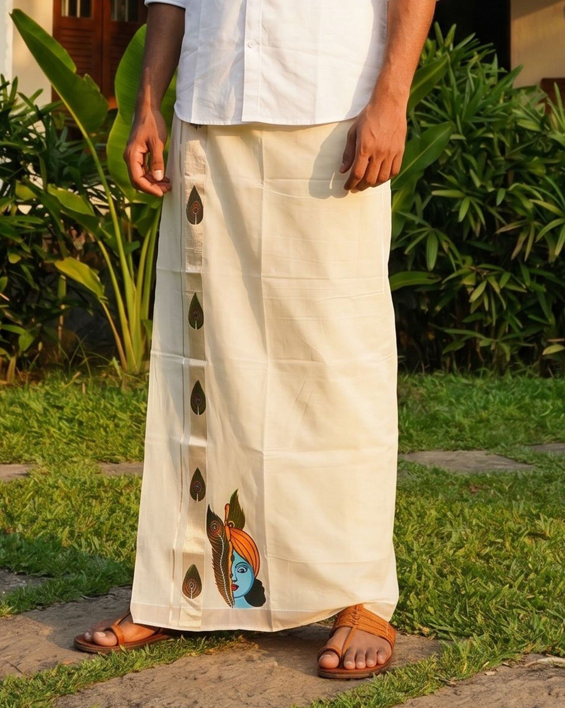 Men's Cotton Cream Lord Krishna Mural Painted With Antic Silver Kasavu Kerala Dhoti