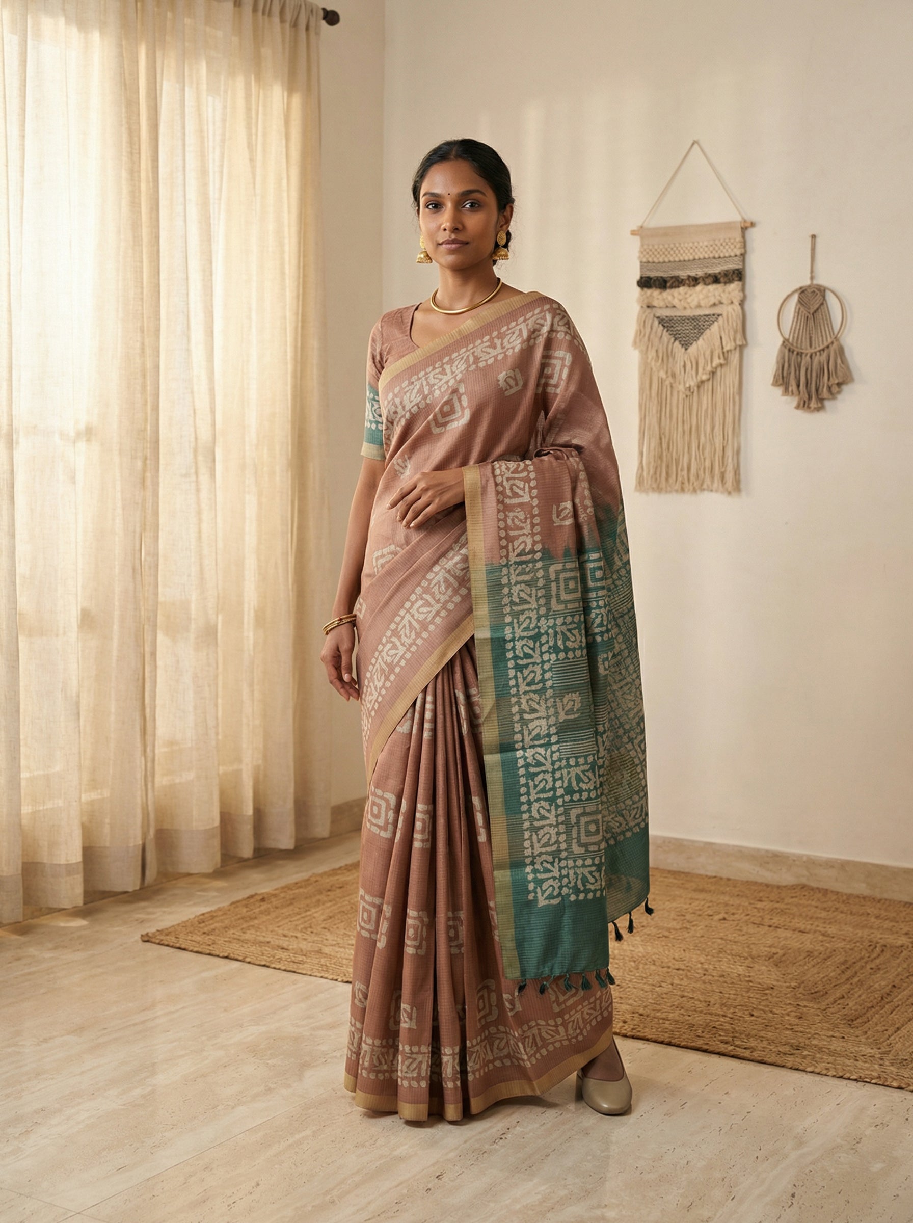 Synthetic Brown Saree with Geometric Butta Design