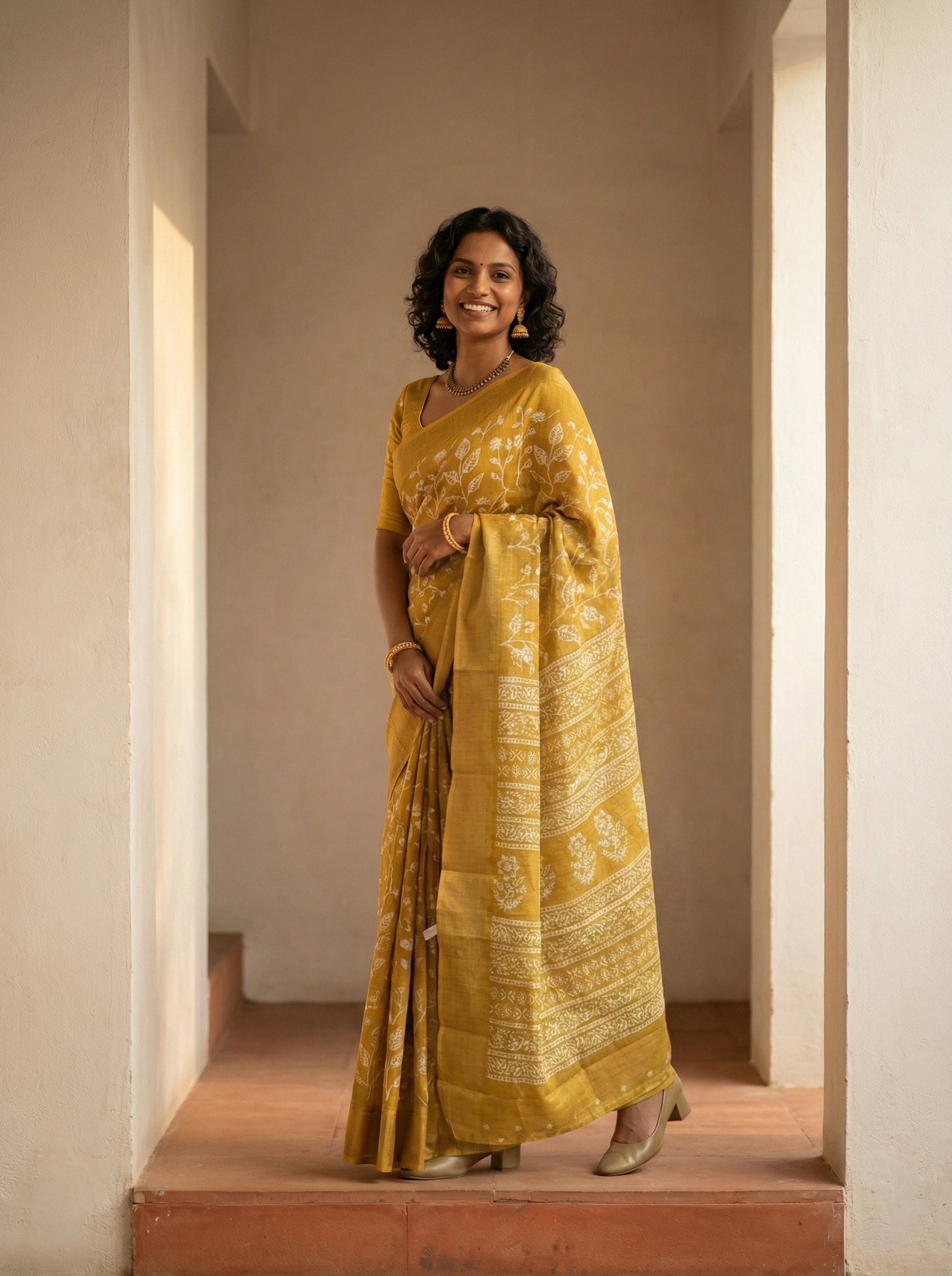 Synthetic Bright Yellow Saree with Floral Pattern