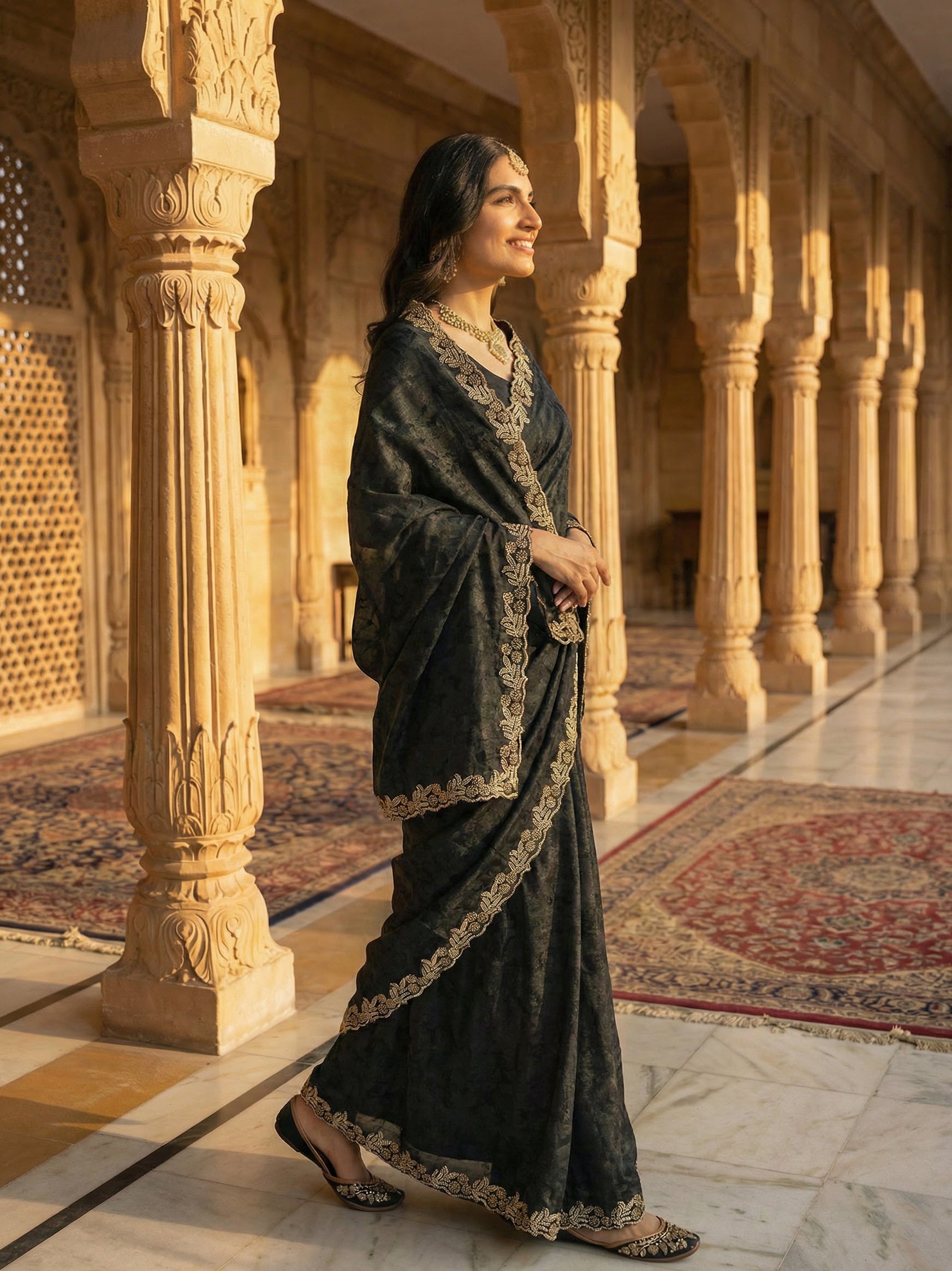 Classic Black Antique Gold Border Saree