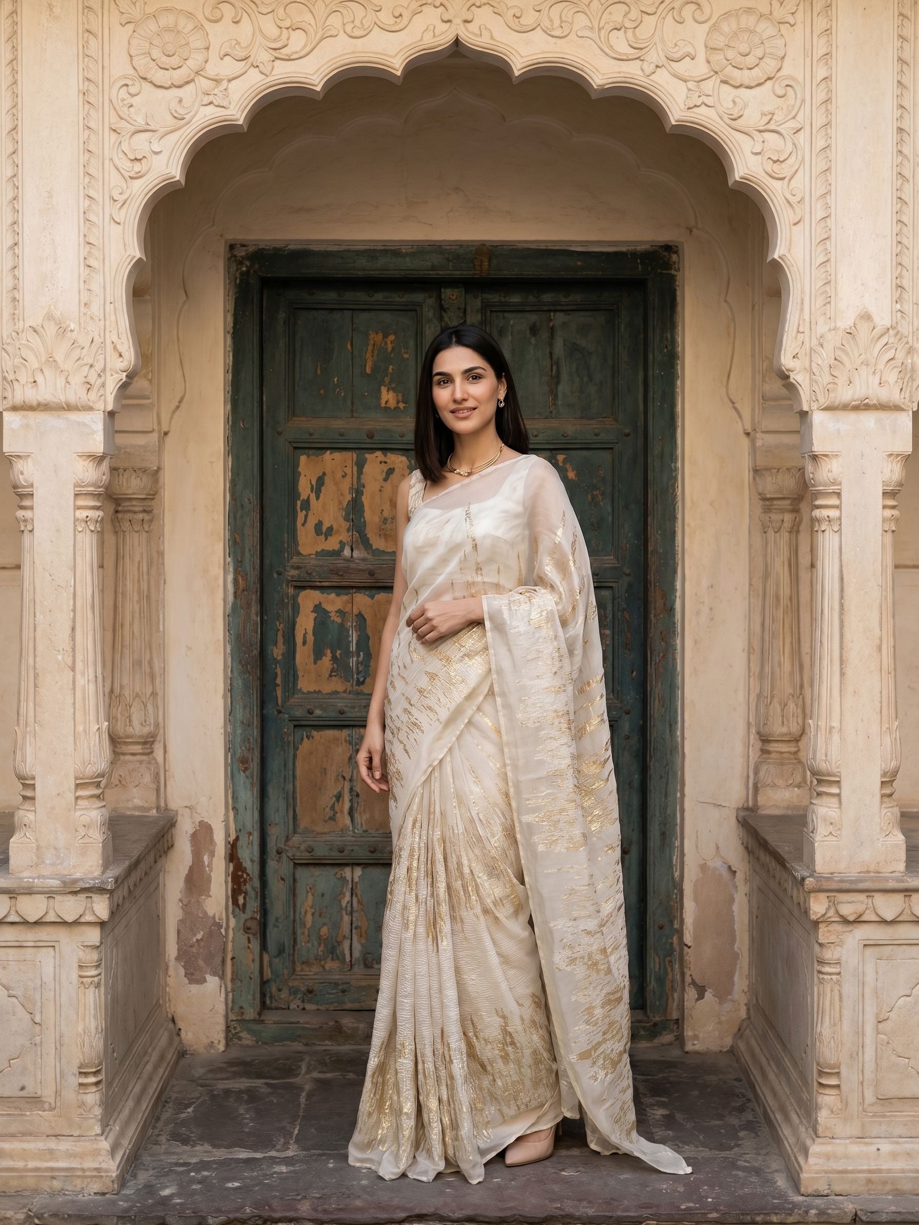 Woman in a white saree standing in front of an ornate archway.