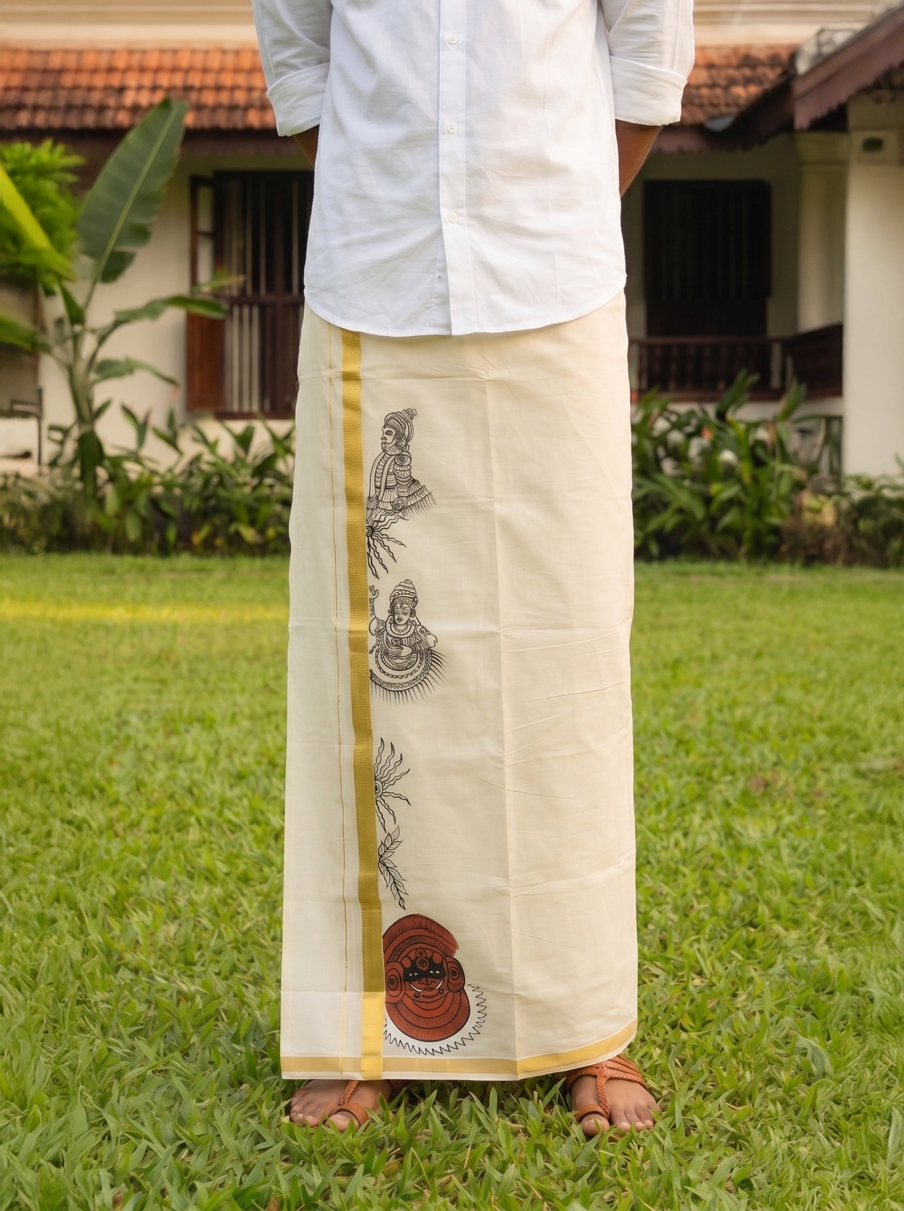 Men's Pure Cotton Cream Golden Kasavu Border Theyyam Hand Paint Kerala Dhoti
