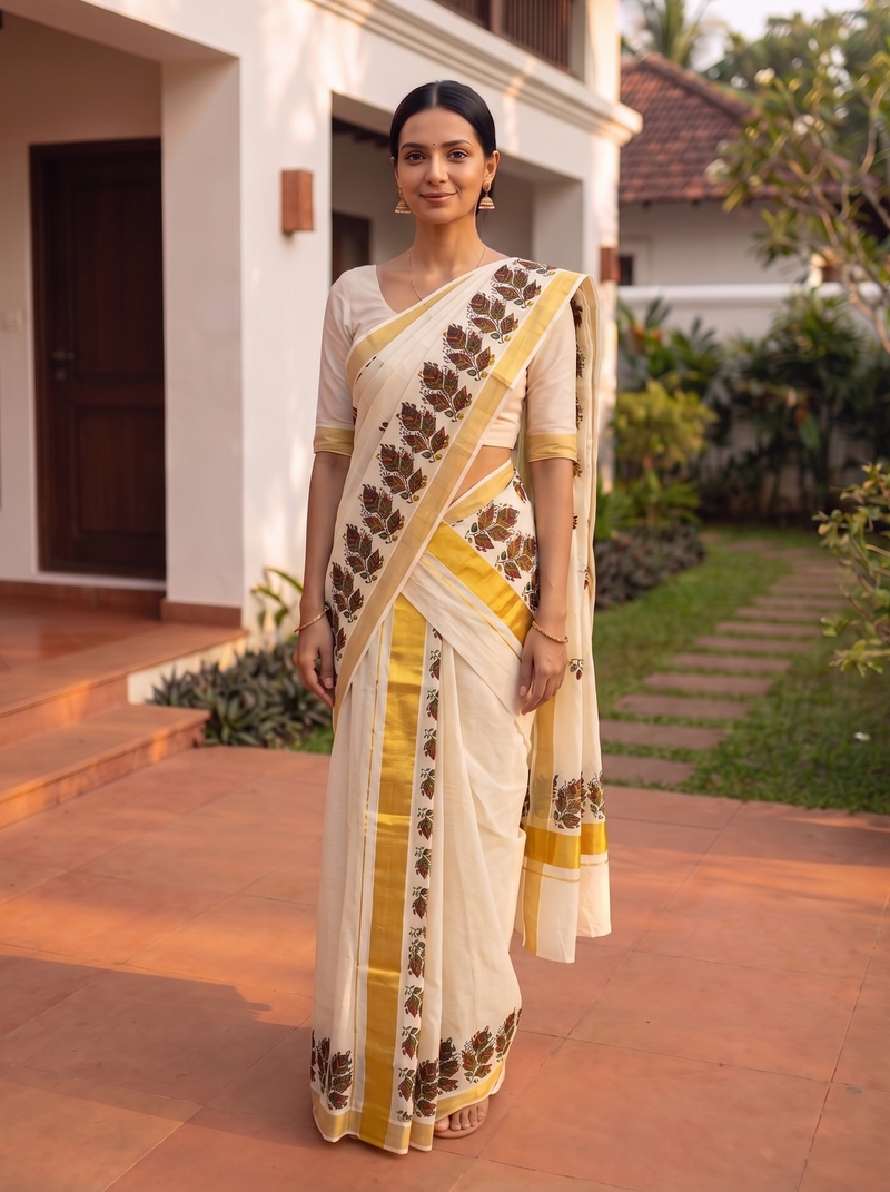 Woman wearing a traditional saree with a house and garden in the background
