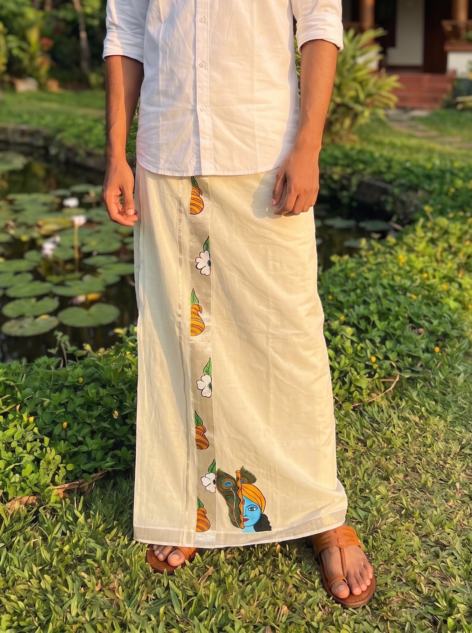 Men's Cotton Cream Lord Krishna Mural Painted With Antic Silver Kasavu And Peacock Feather Kerala Dhoti