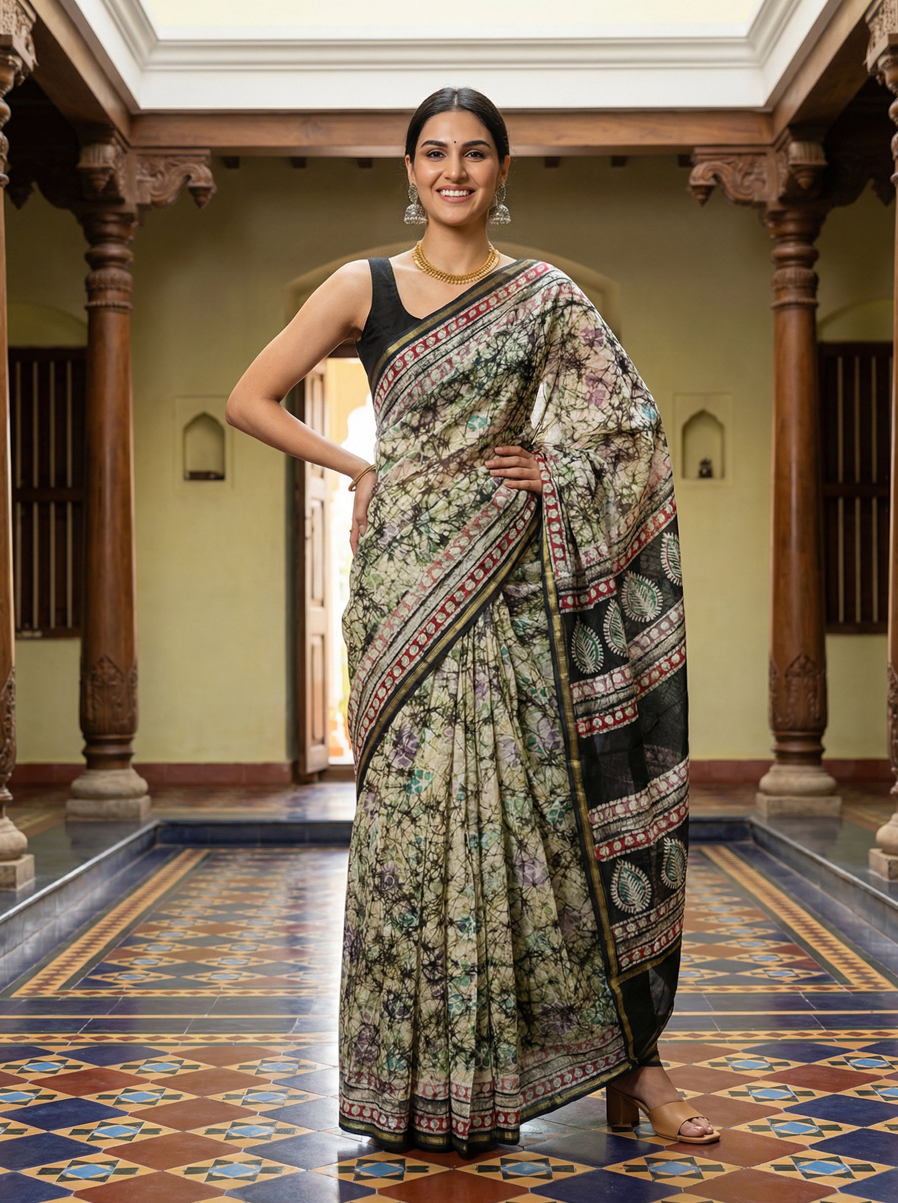 Cotton Traditional Cream Saree with Artistic Batik Design