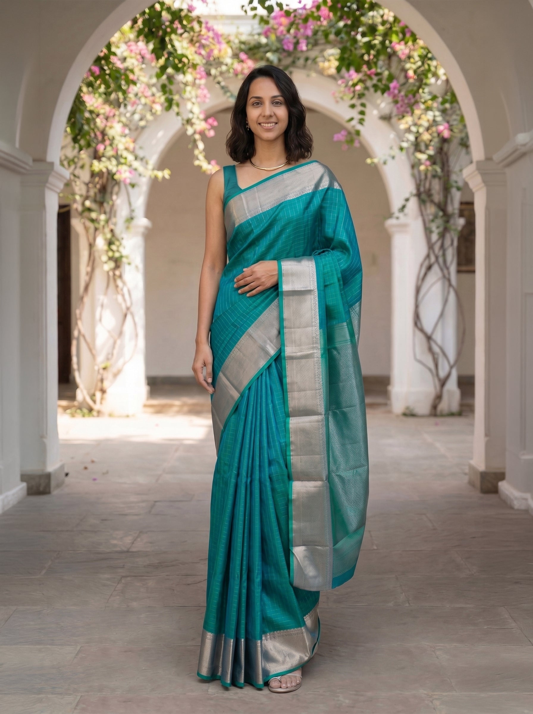 Kanjivaram Pure Silk Sea Green Checked Saree with Silver Zari Border