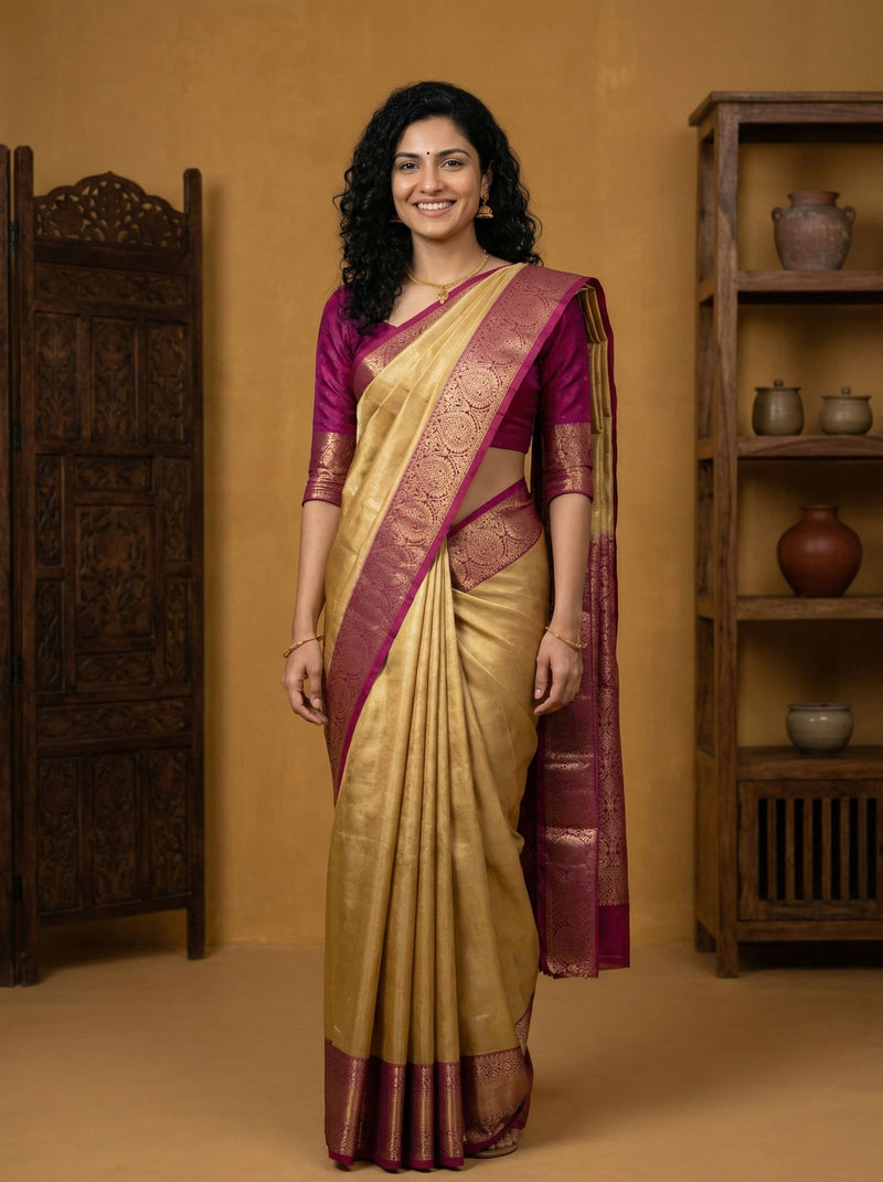 Woman wearing a traditional saree in a warm-toned room with wooden furniture.