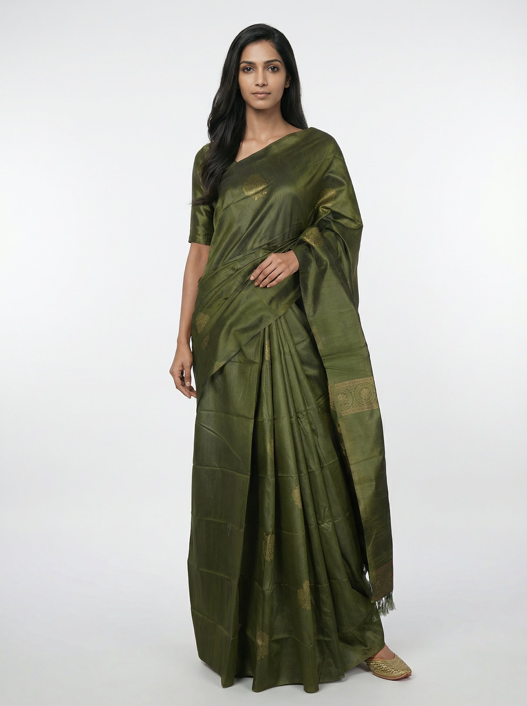 Semi Silk Moss Green  Saree with Gapped Butta Pattern