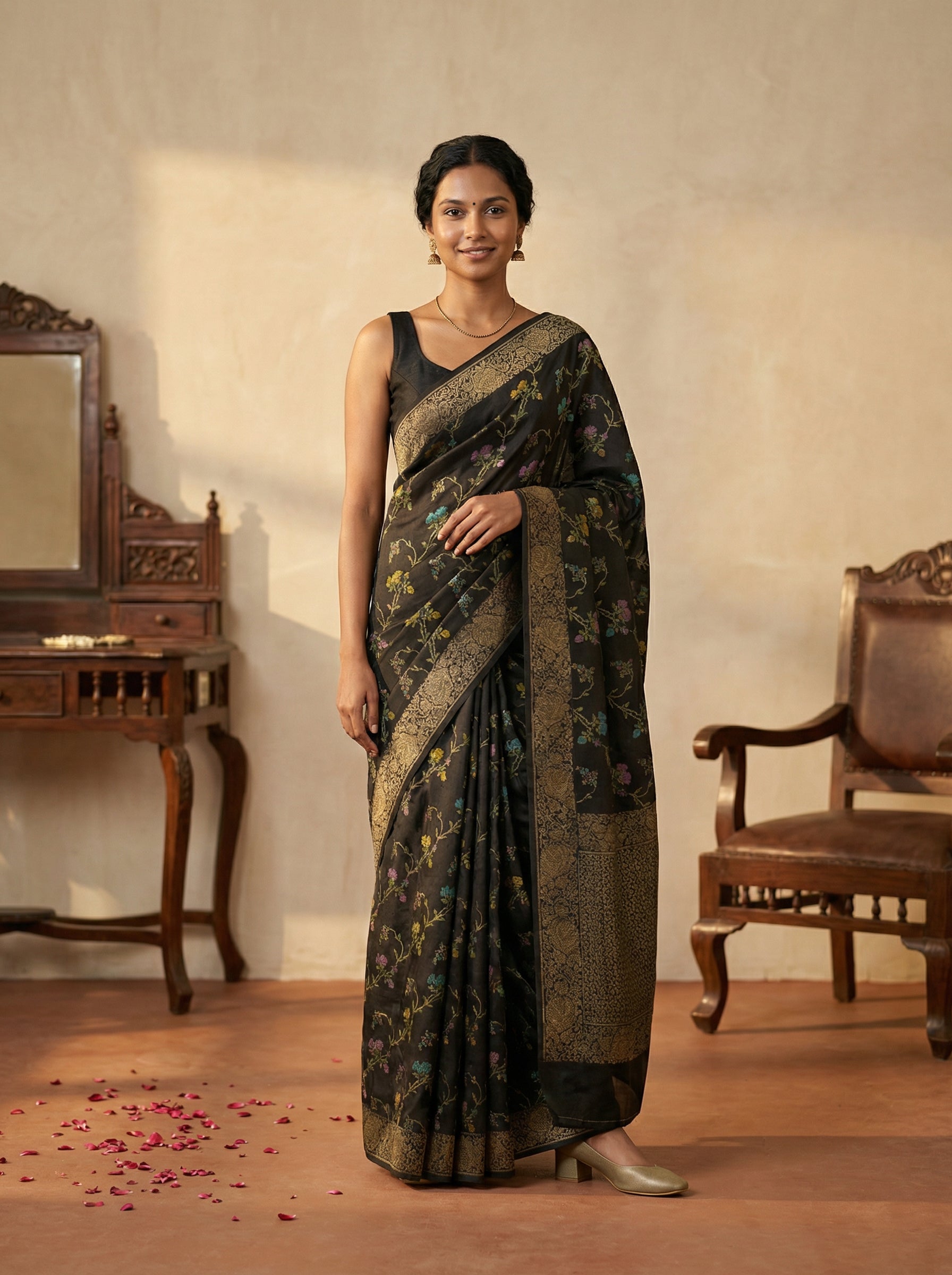 Jute Noir Black Antique Floral Saree