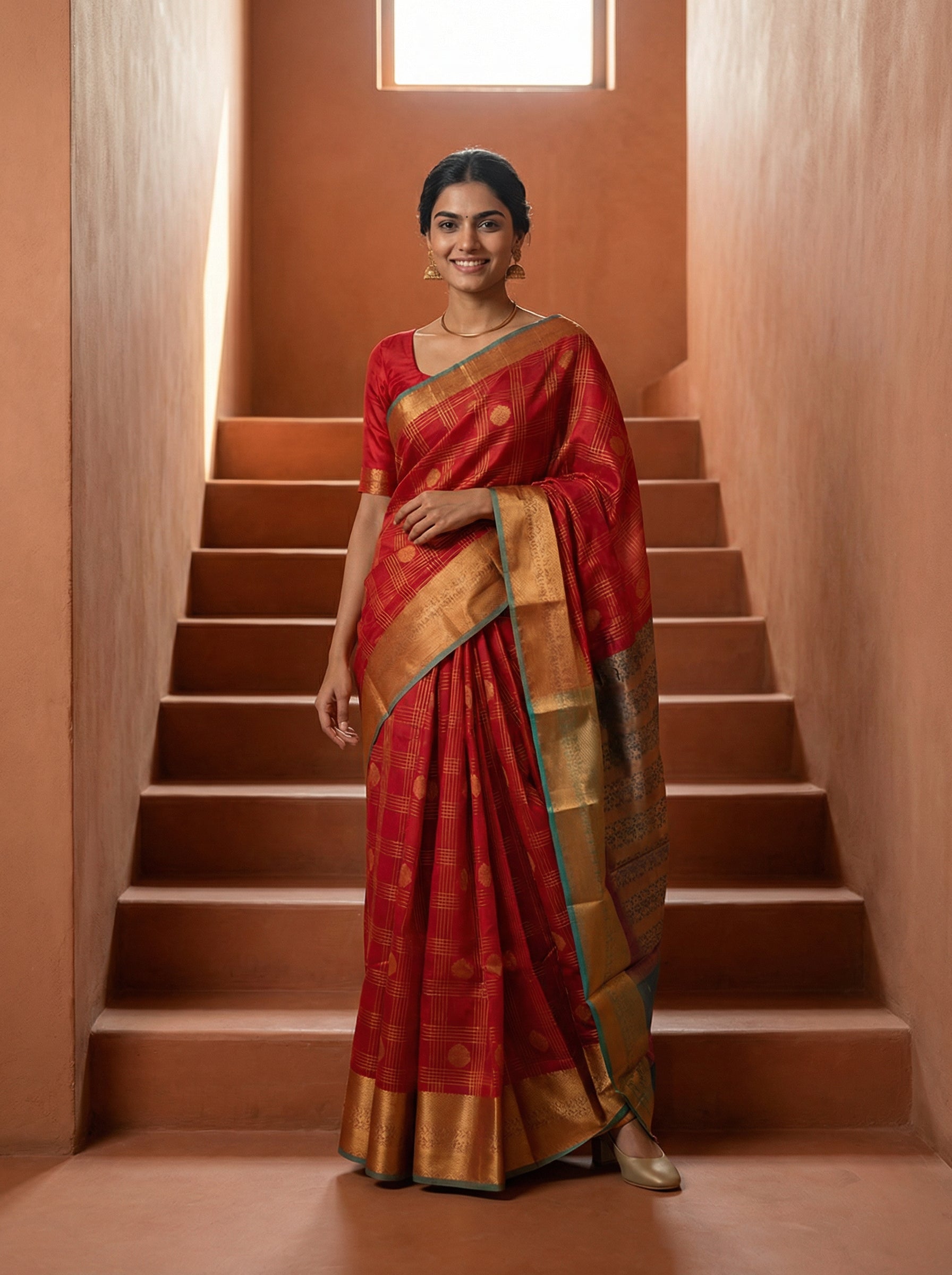 Synthetic Red Elegant Saree with Check Pattern and Zari Pallu