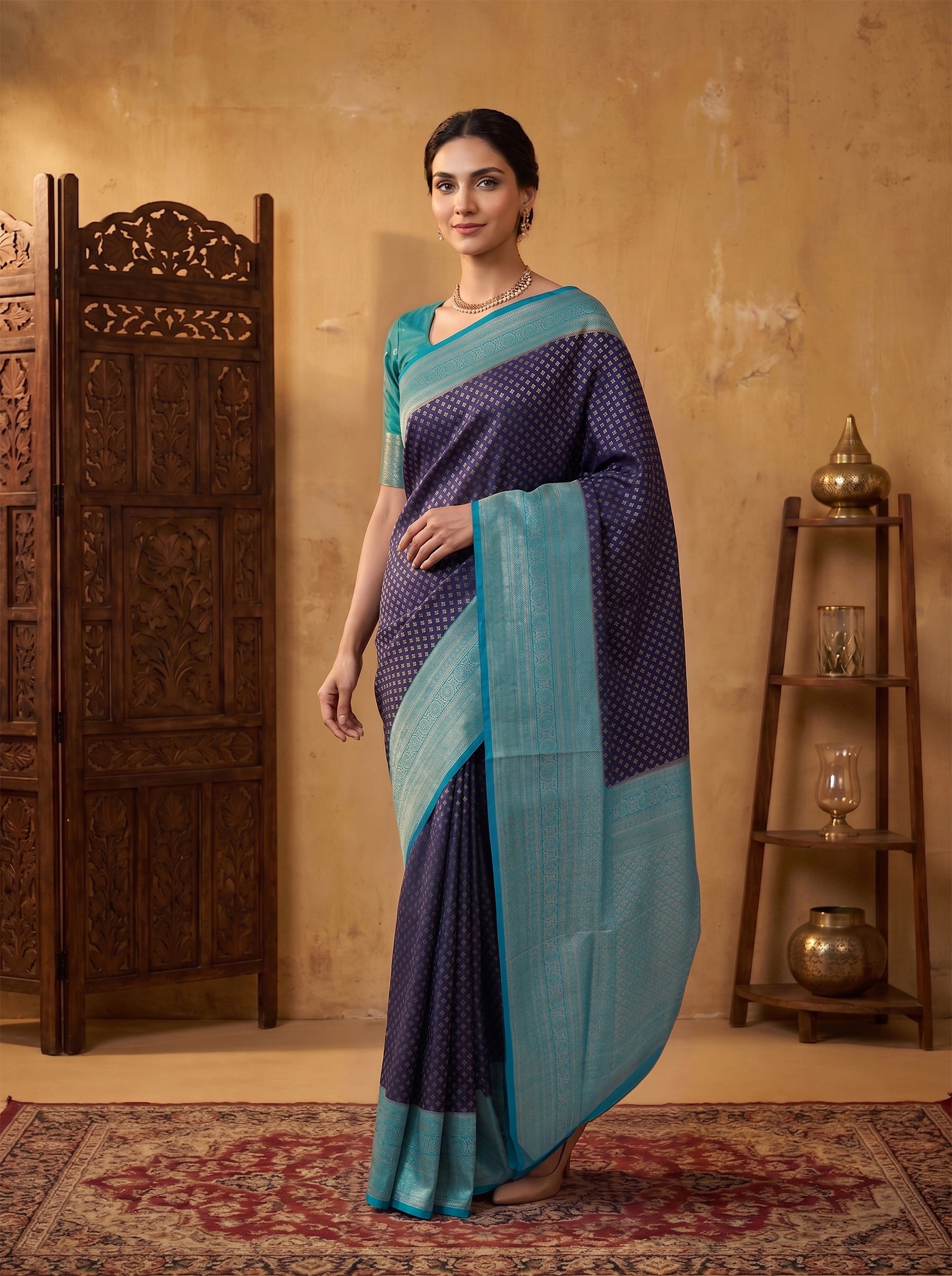 Semi Silk Navy Blue Saree with Gold Zari Butti Pattern and Contrast Aqua Blue Woven Border