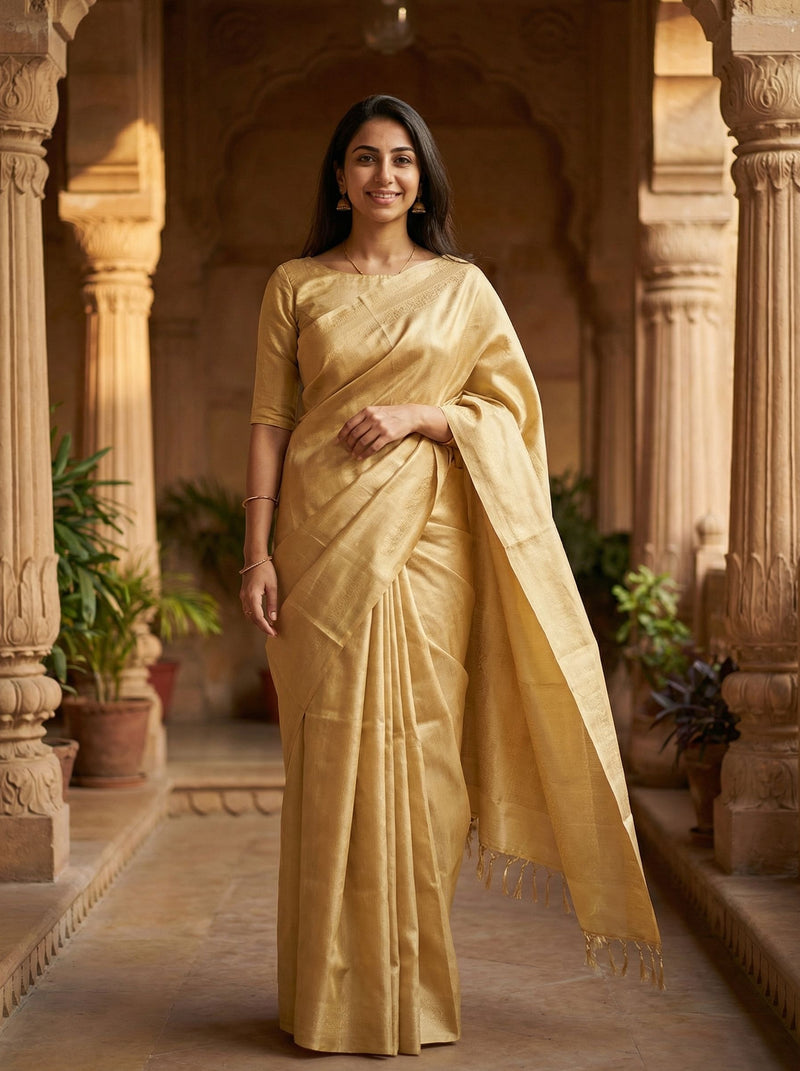 Woman in a gold saree standing in an architectural setting with columns and plants.