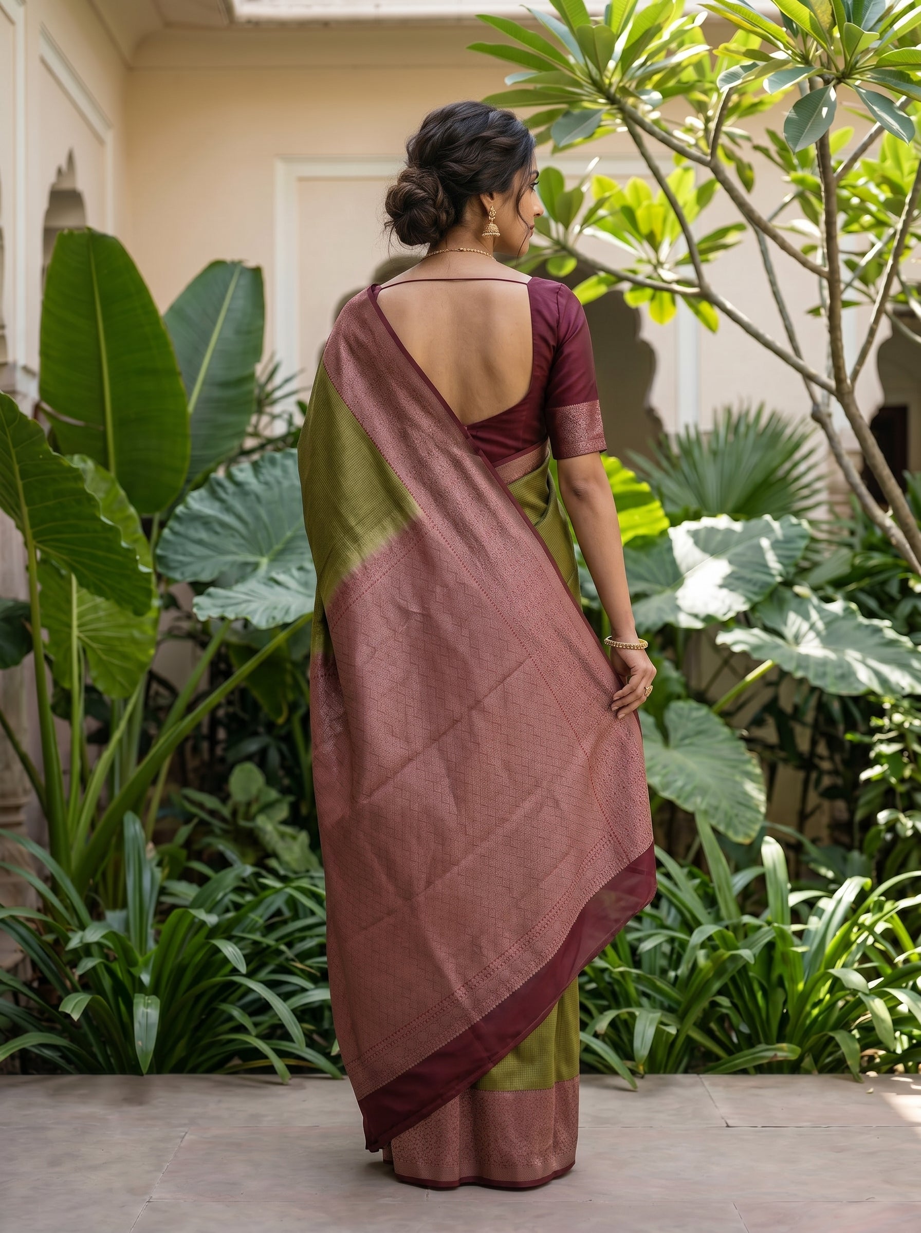 Kanjivaram Silk Olive Green Saree with Rose Gold Zari Border