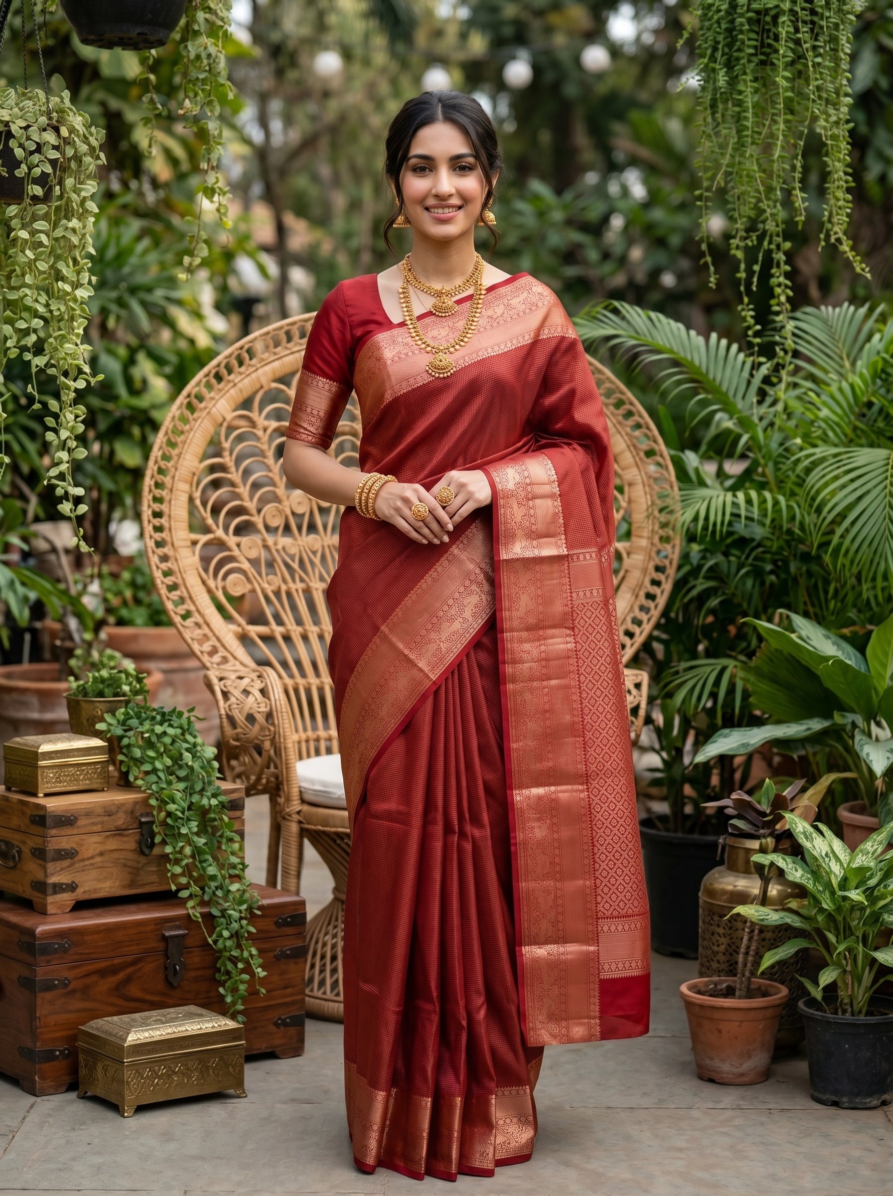 Kanjivaram Silk Maroon Traditional Saree with Gold Zari Border