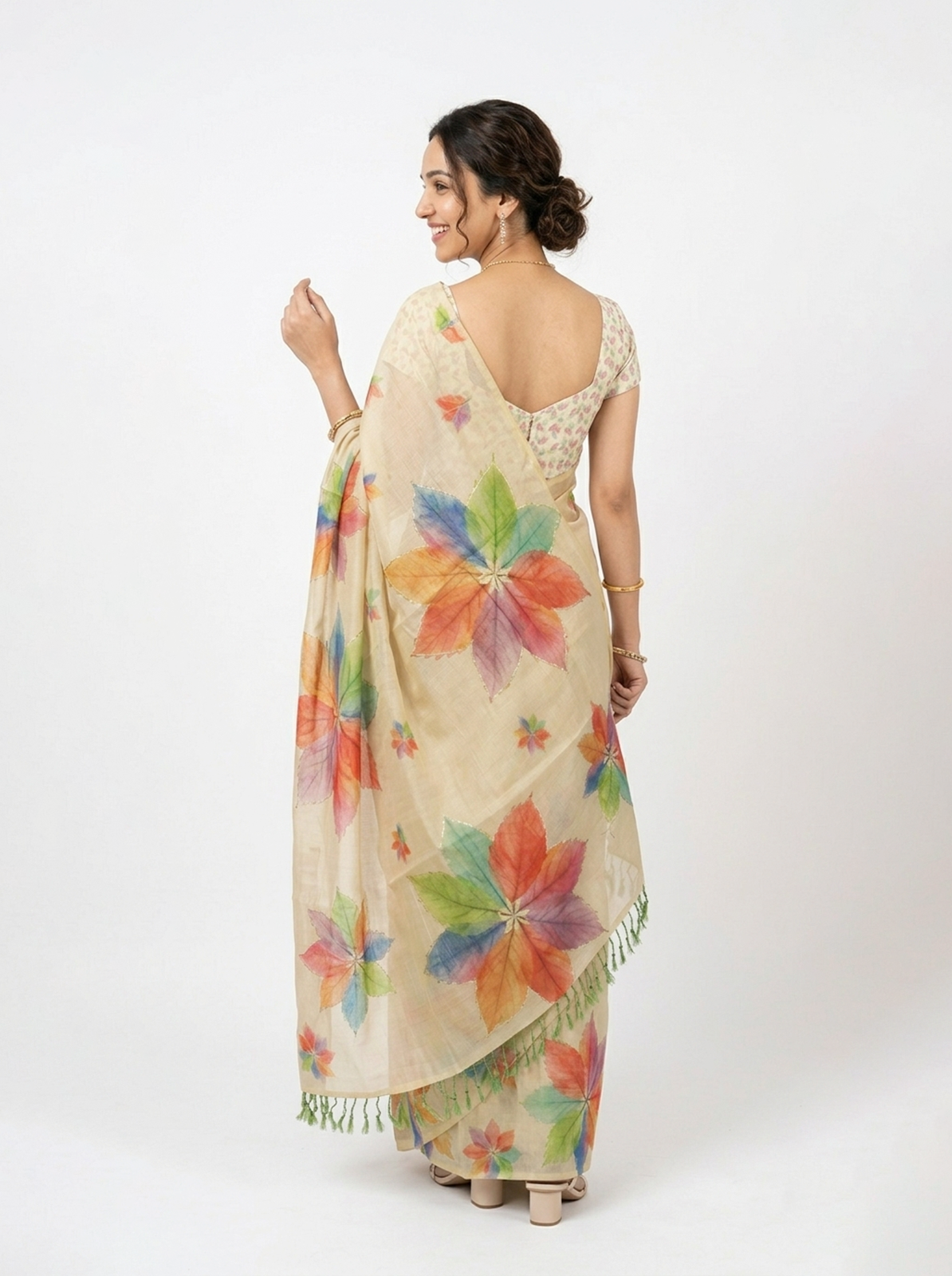 Tissue Beige Floral Leaf Design Saree