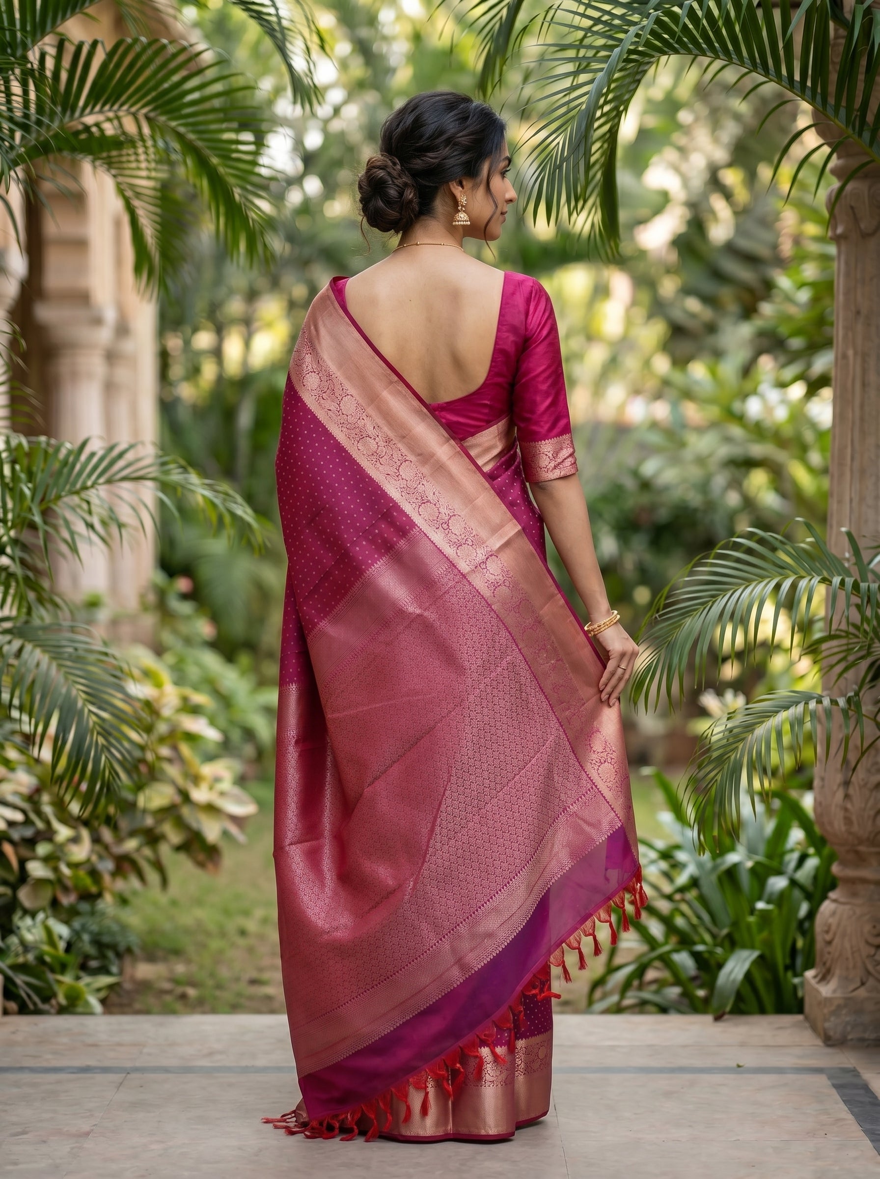 Kanjivaram Silk Magenta Pink Saree with Gold Zari Butta Design